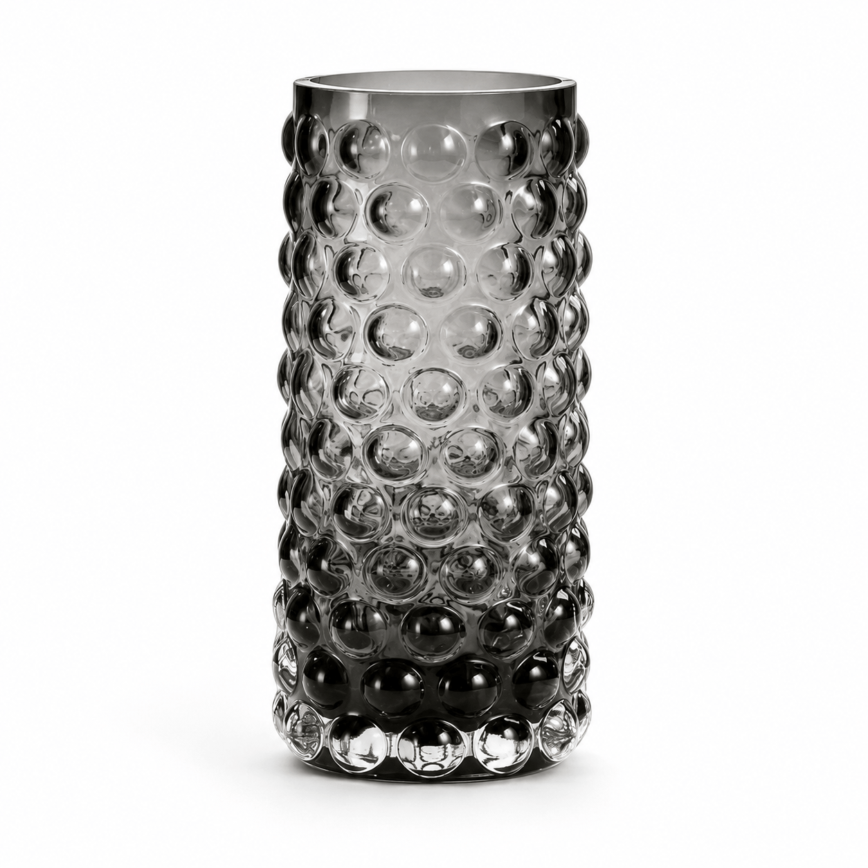 Smoke gray tall bubble glass vase with raised circular texture on a clean white background