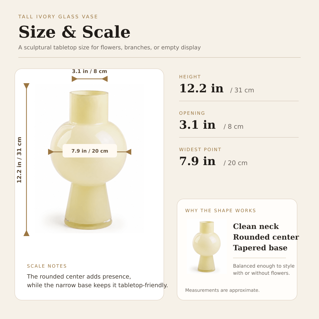 Tall ivory glass vase dimensions showing 12.2 inch height, 3.1 inch opening, and 7.9 inch width