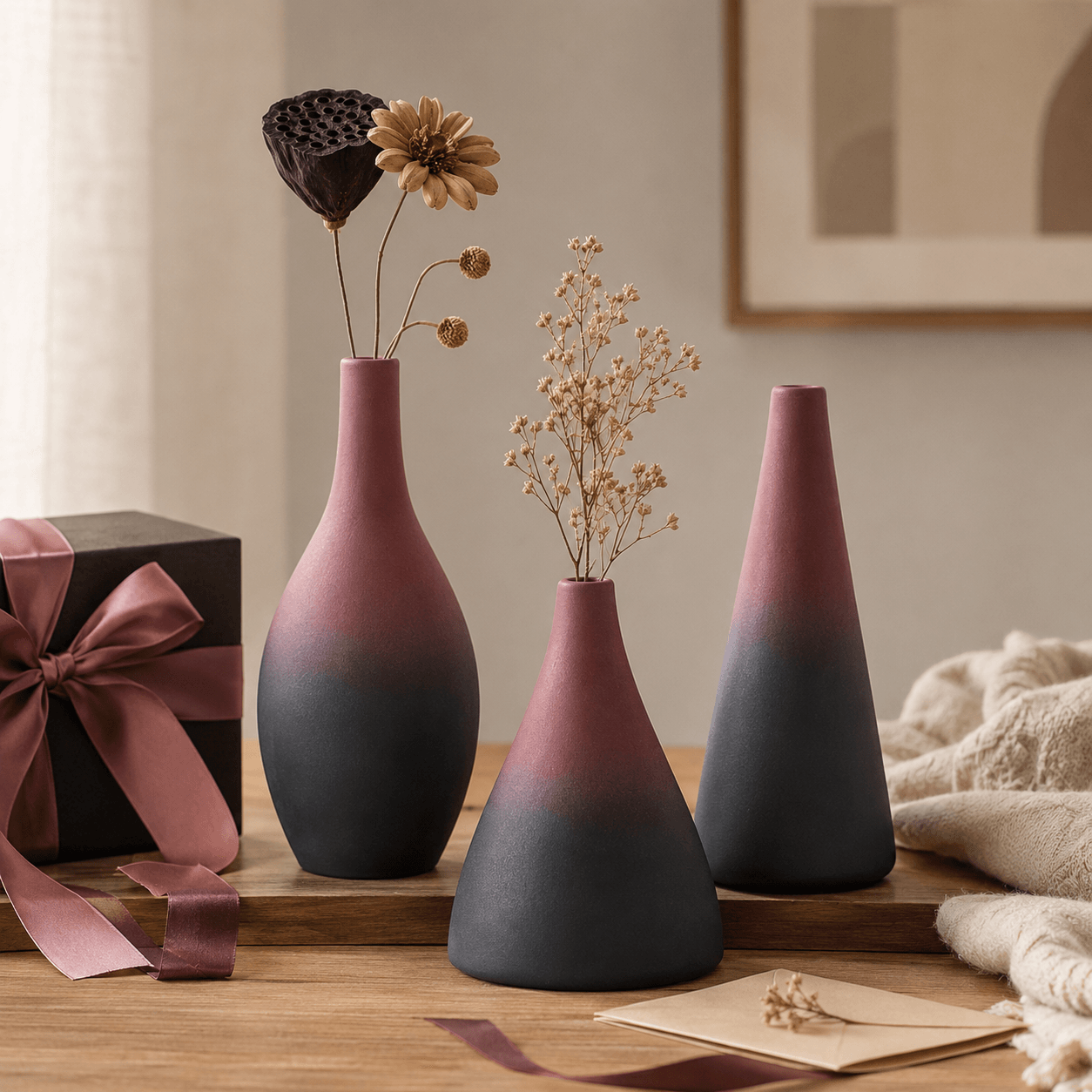 Three-piece gradient ceramic vase set styled with dried flowers in a soft home setting