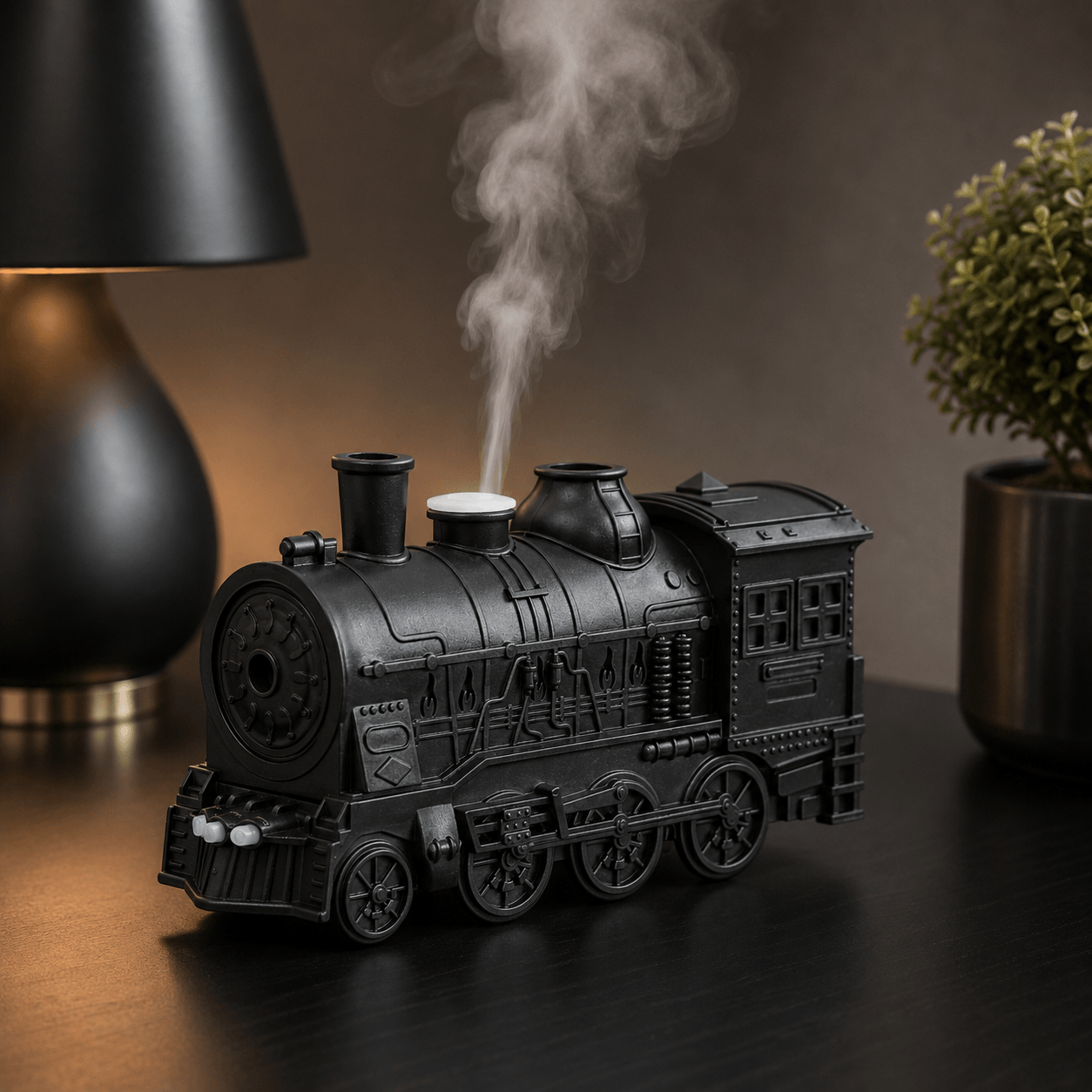 Black train aroma diffuser in a modern moody interior