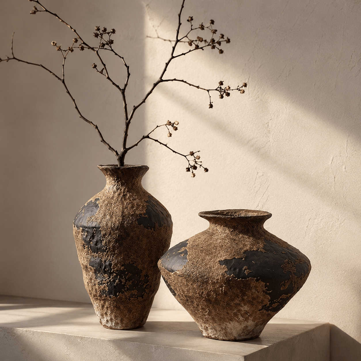 Wabi-sabi ceramic vase pair styled with branches in a sunlit neutral interior
