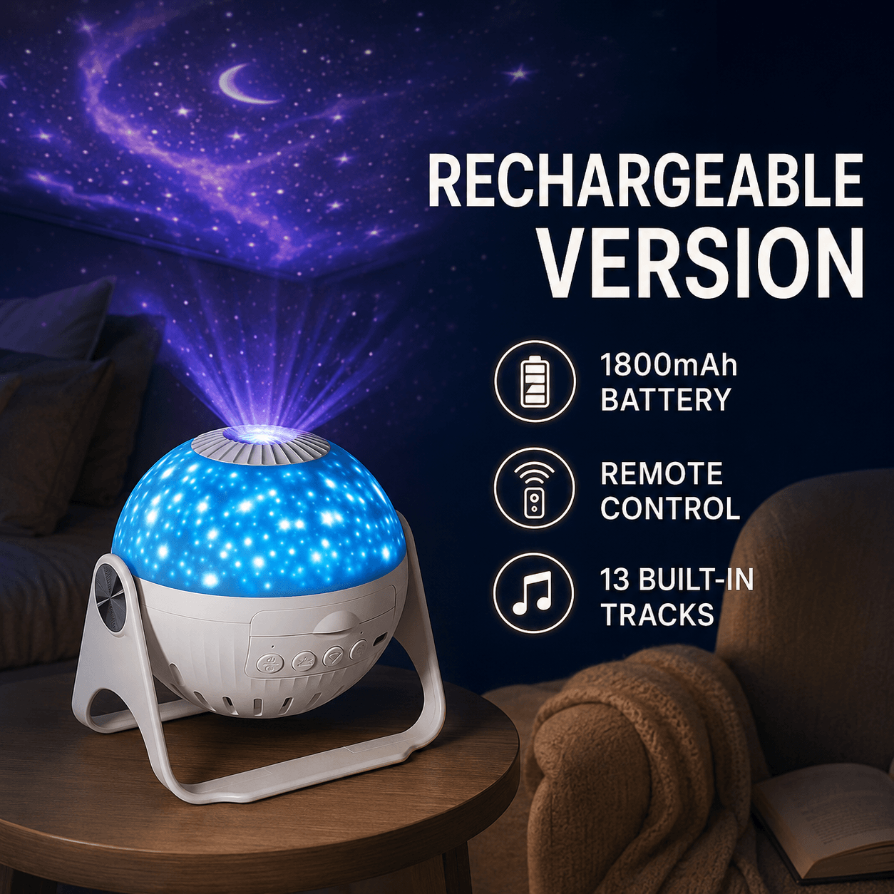 Rechargeable galaxy projector with 1800mAh battery, remote control and 13 built-in tracks