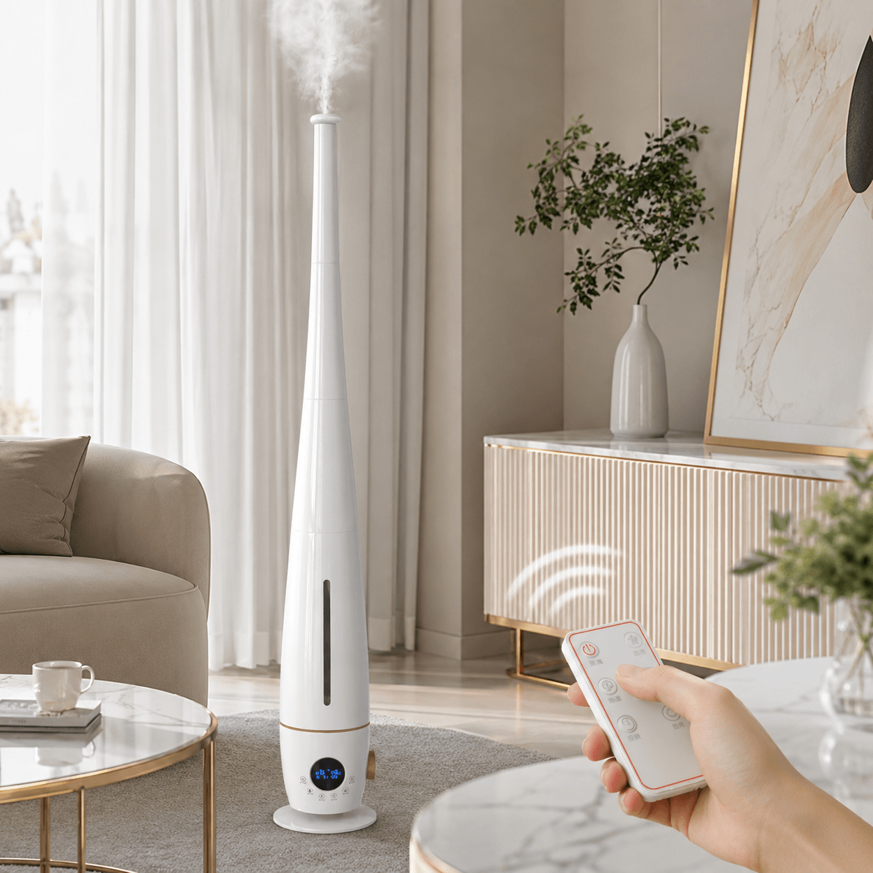 Smart floor-standing cool mist humidifier controlled by remote in a modern living room.