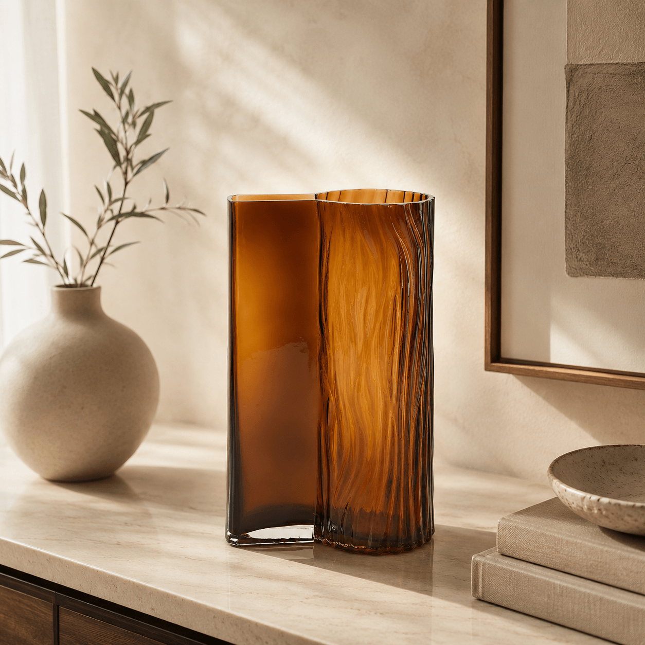 Amber decorative glass vase styled as modern home decor on a side table