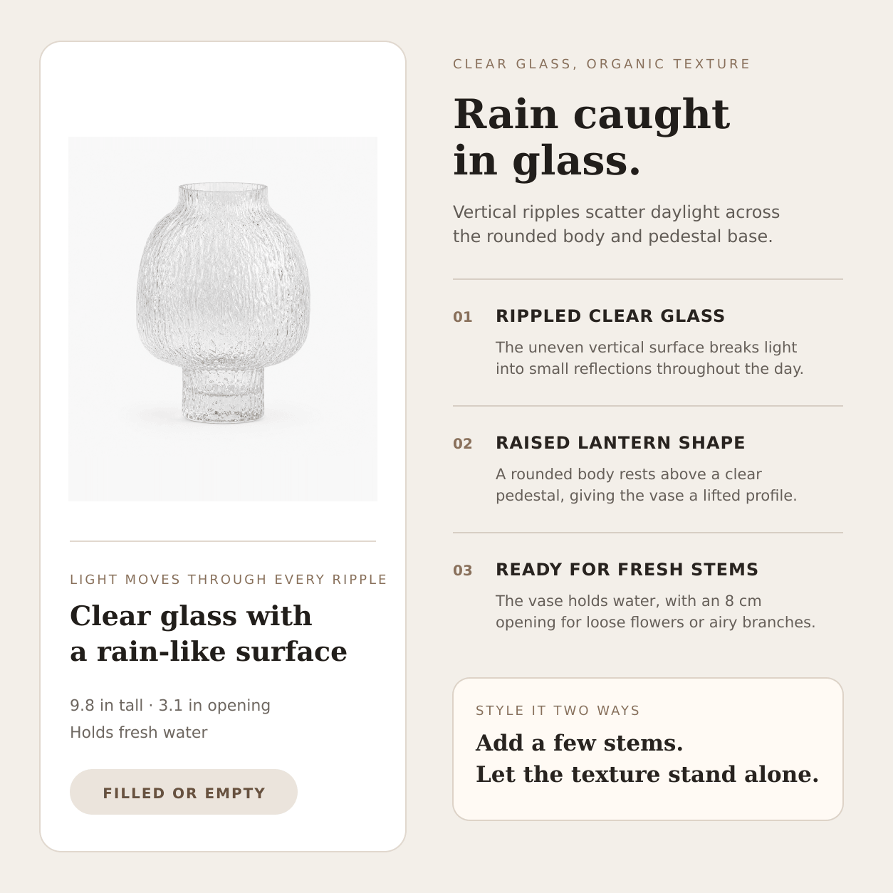 Clear textured glass vase feature guide highlighting rippled glass, pedestal shape, and fresh-water use