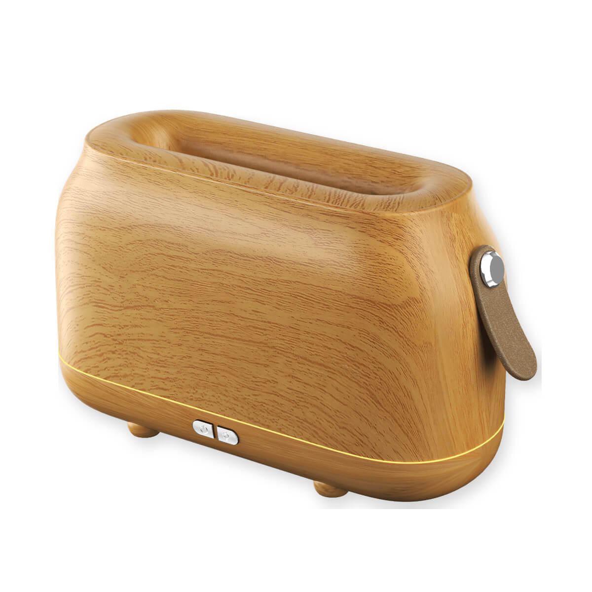 Wood grain flame aroma diffuser with side handle and warm accent line on a white background.
