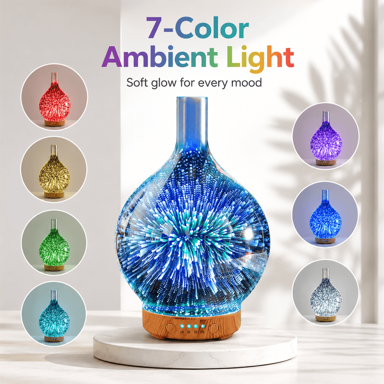 Glass firework aroma diffuser showing 7-color ambient light options