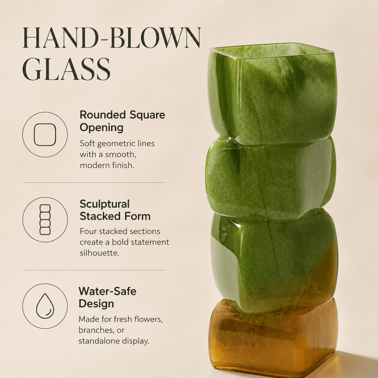 Hand-blown sculptural glass vase features including rounded square opening, stacked form, and water-safe design.