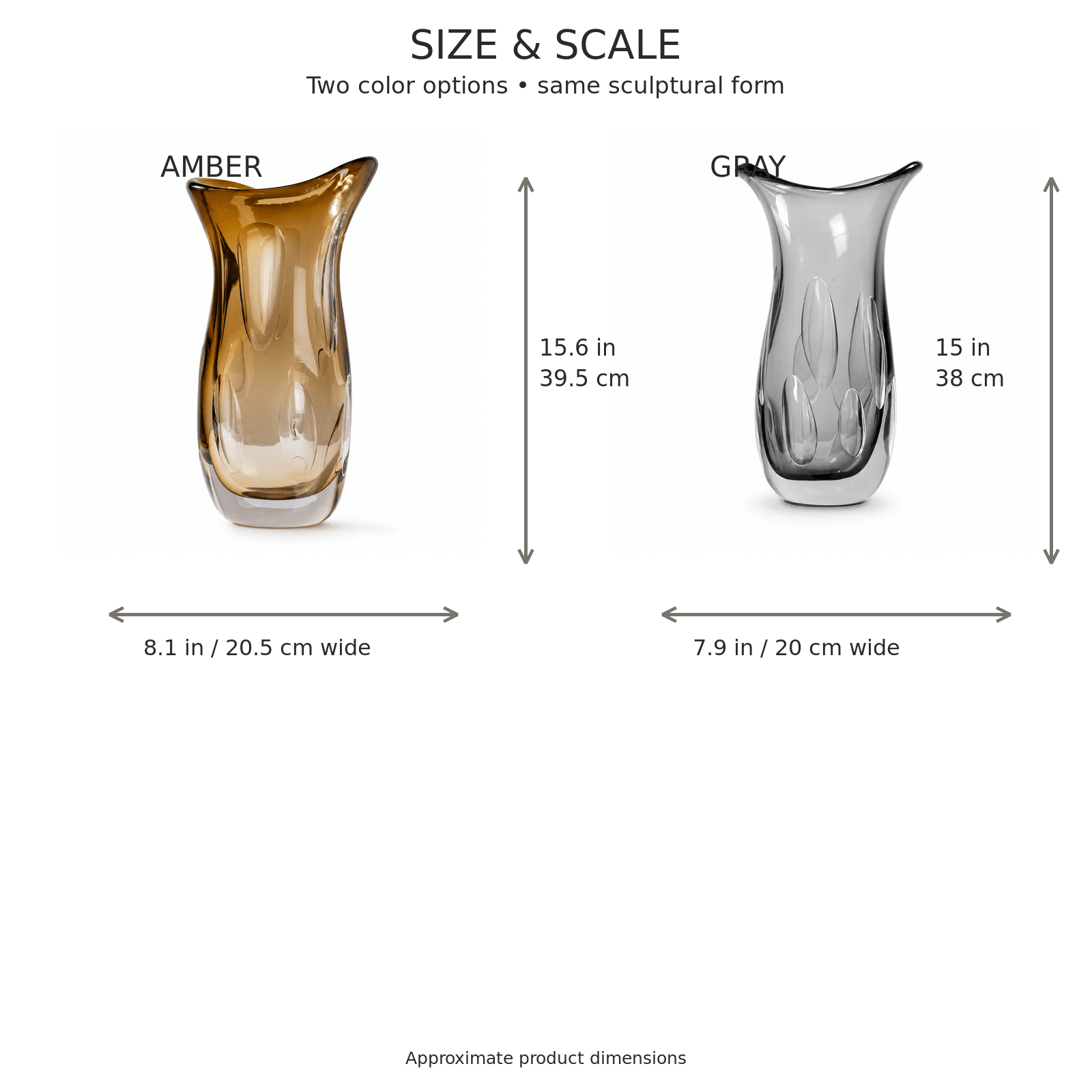 Amber and smoke gray sculptural art glass vase size and scale comparison