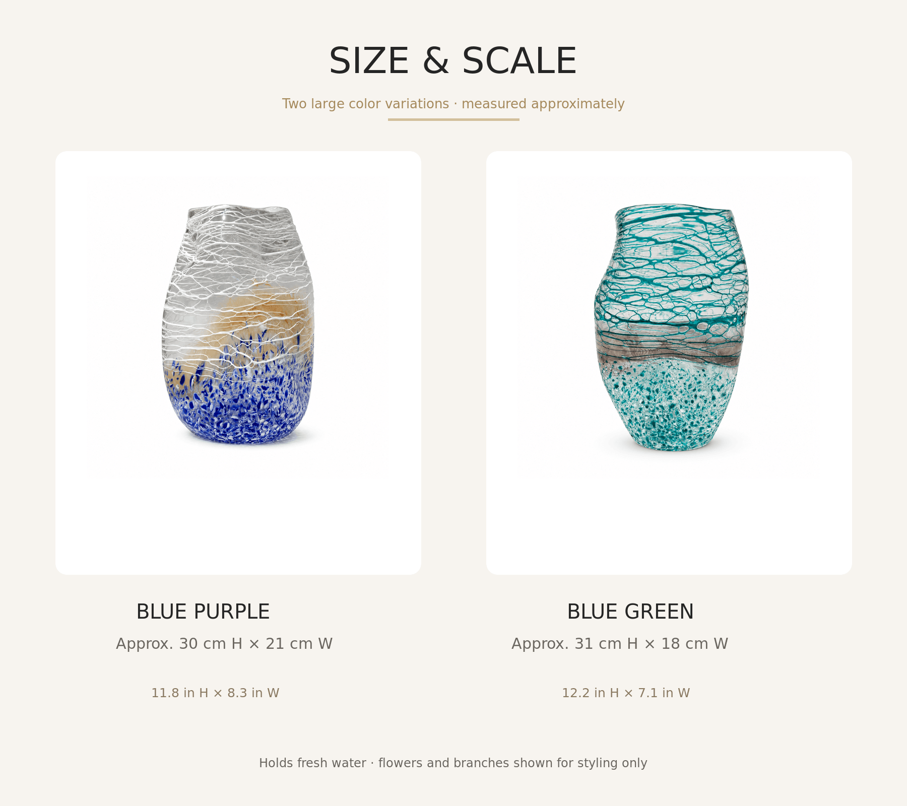 Blue purple and blue green art glass vase size comparison