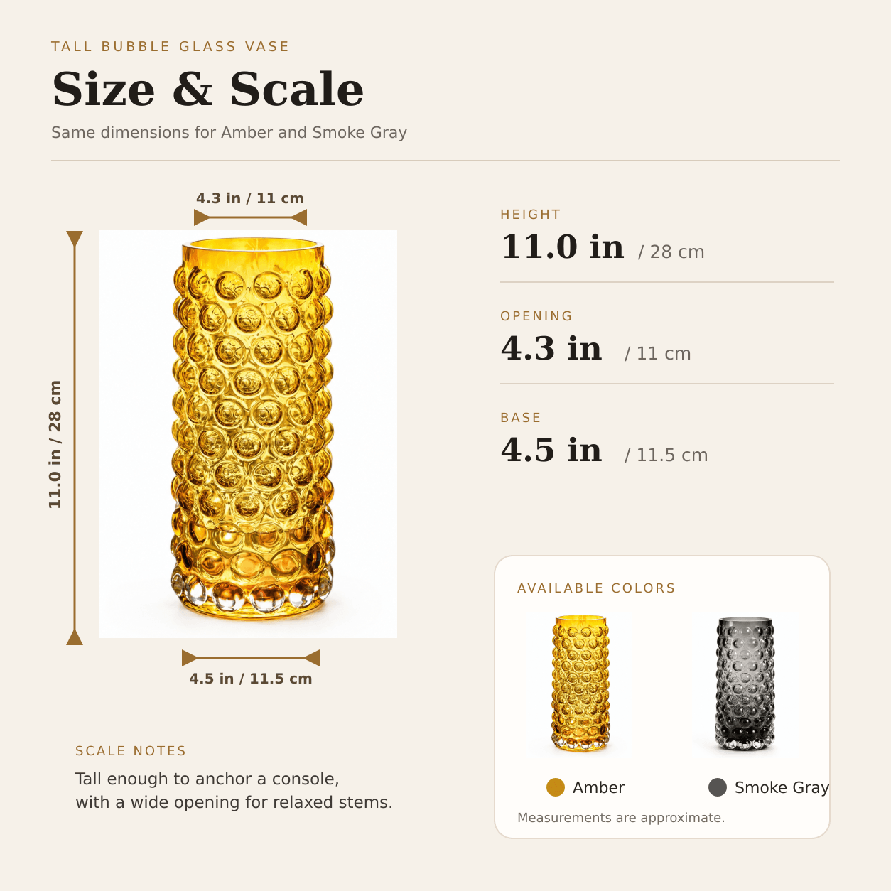  Tall bubble glass vase dimensions showing 11 inch height, 4.3 inch opening, and 4.5 inch base
