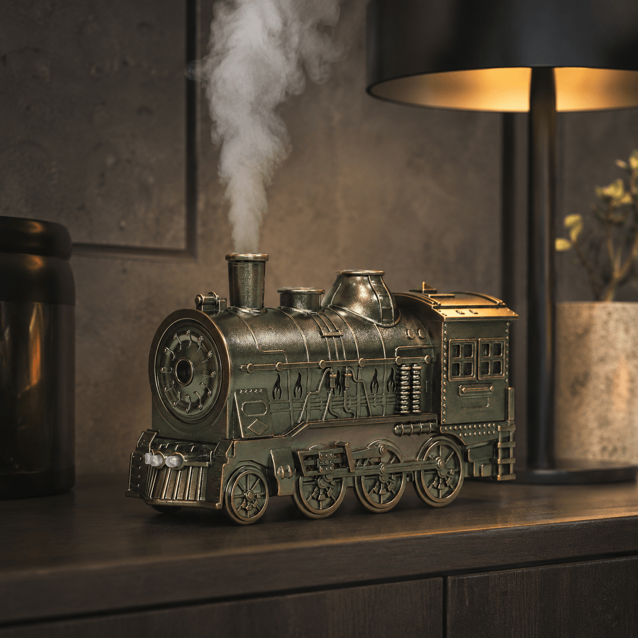 Vintage bronze train aroma diffuser in a warm and elegant interior setting