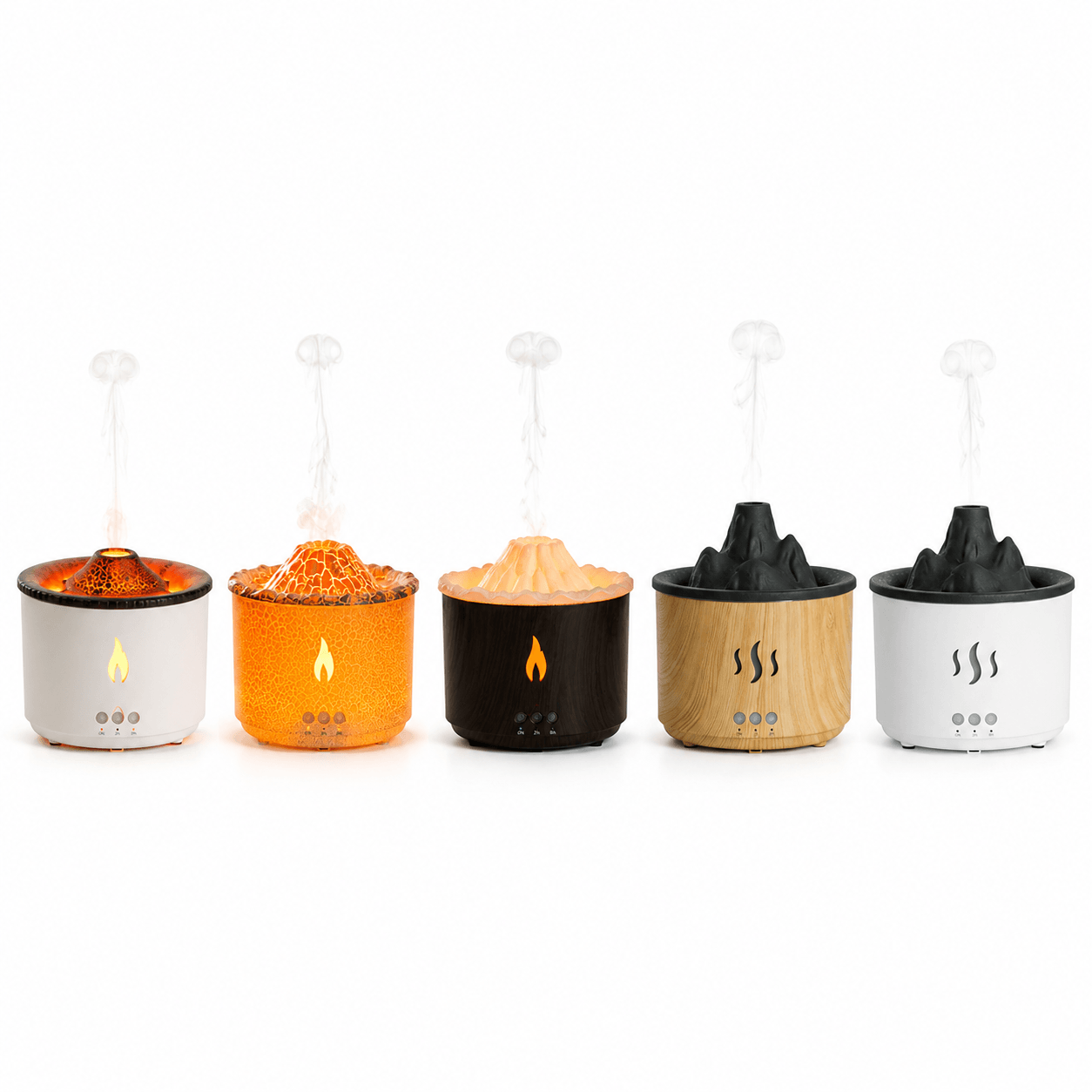 Five volcano aroma humidifier style options shown together: Lava Wave White, Amber Crackle, Black Wood, Light Wood, and Classic White.