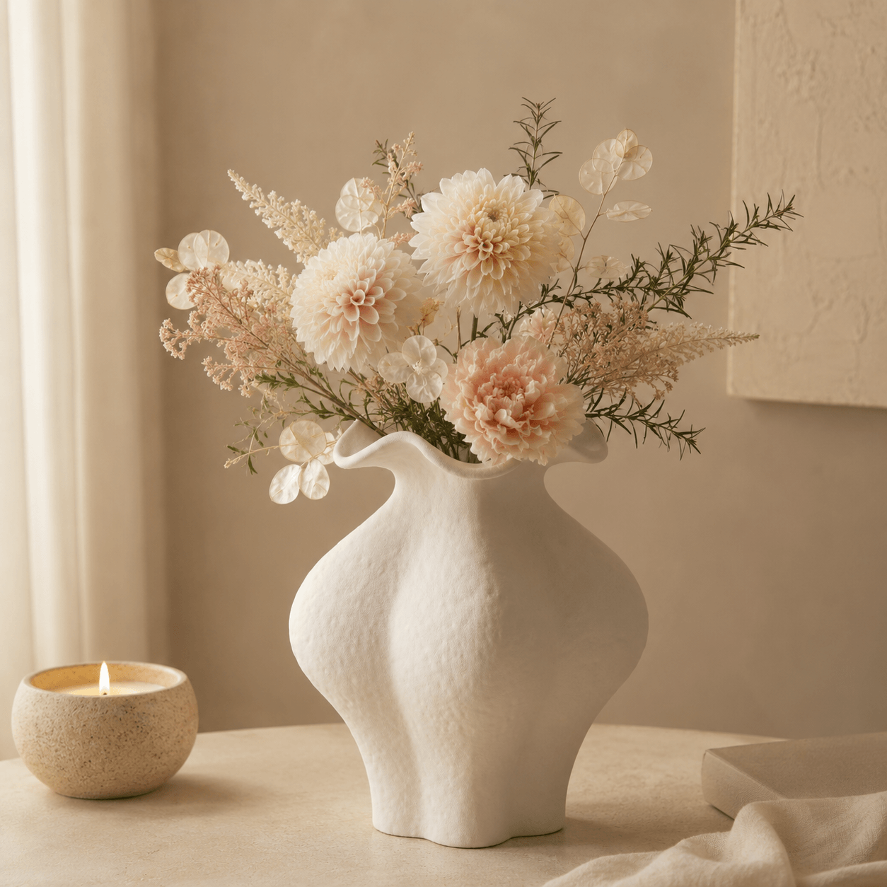 White Large Petal Vase styled with soft cream flowers in a warm neutral setting