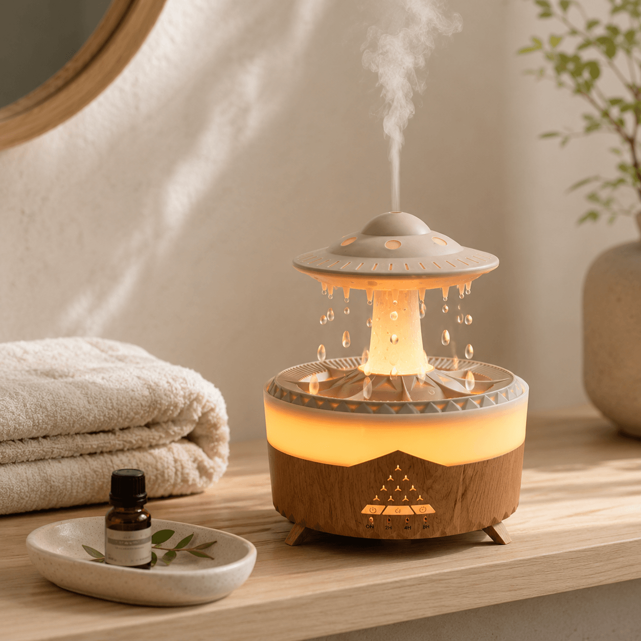 Wood grain raindrop diffuser with essential oil and towels for a spa-like setting