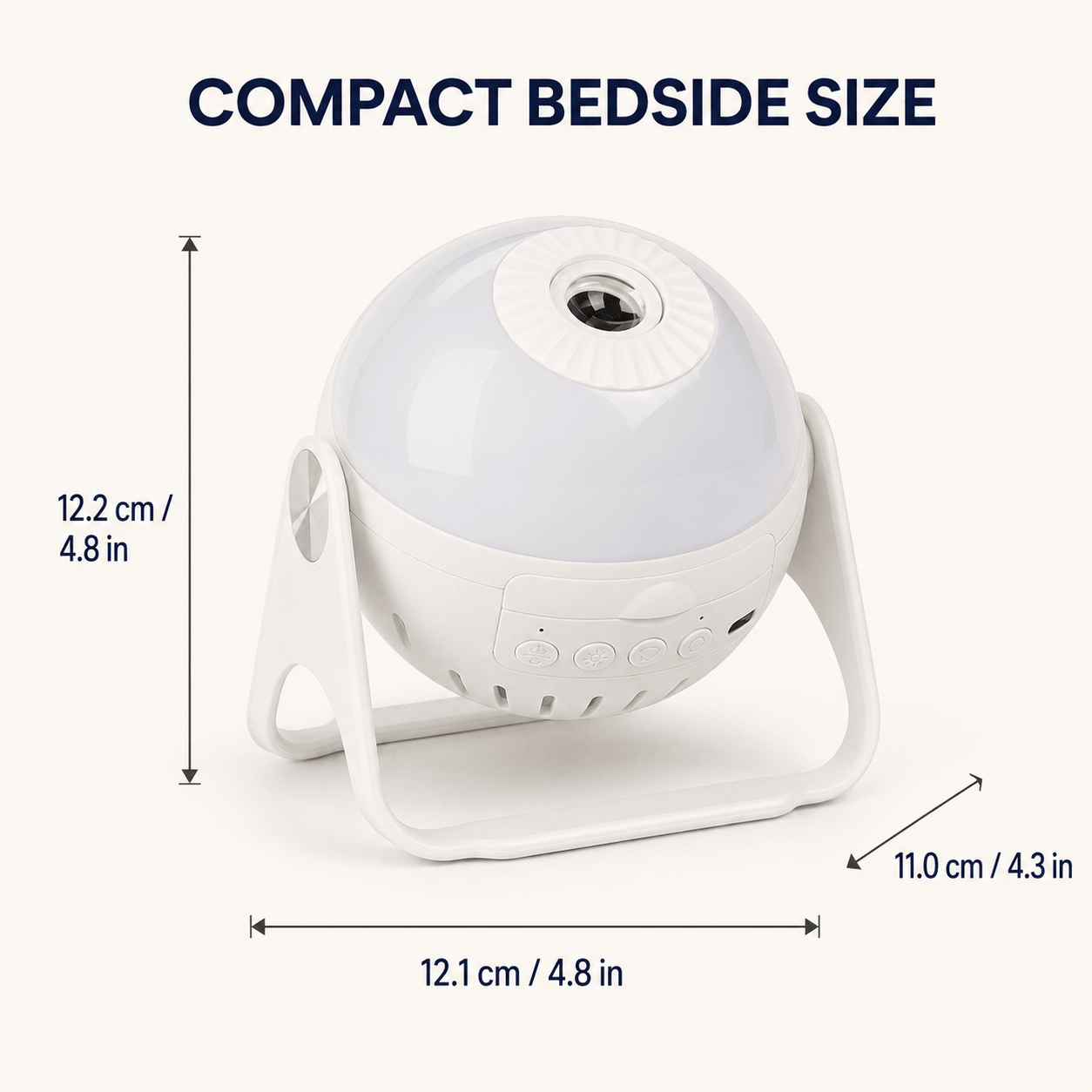 Galaxy projector dimensions showing 12.2 cm height, 12.1 cm width and 11 cm depth