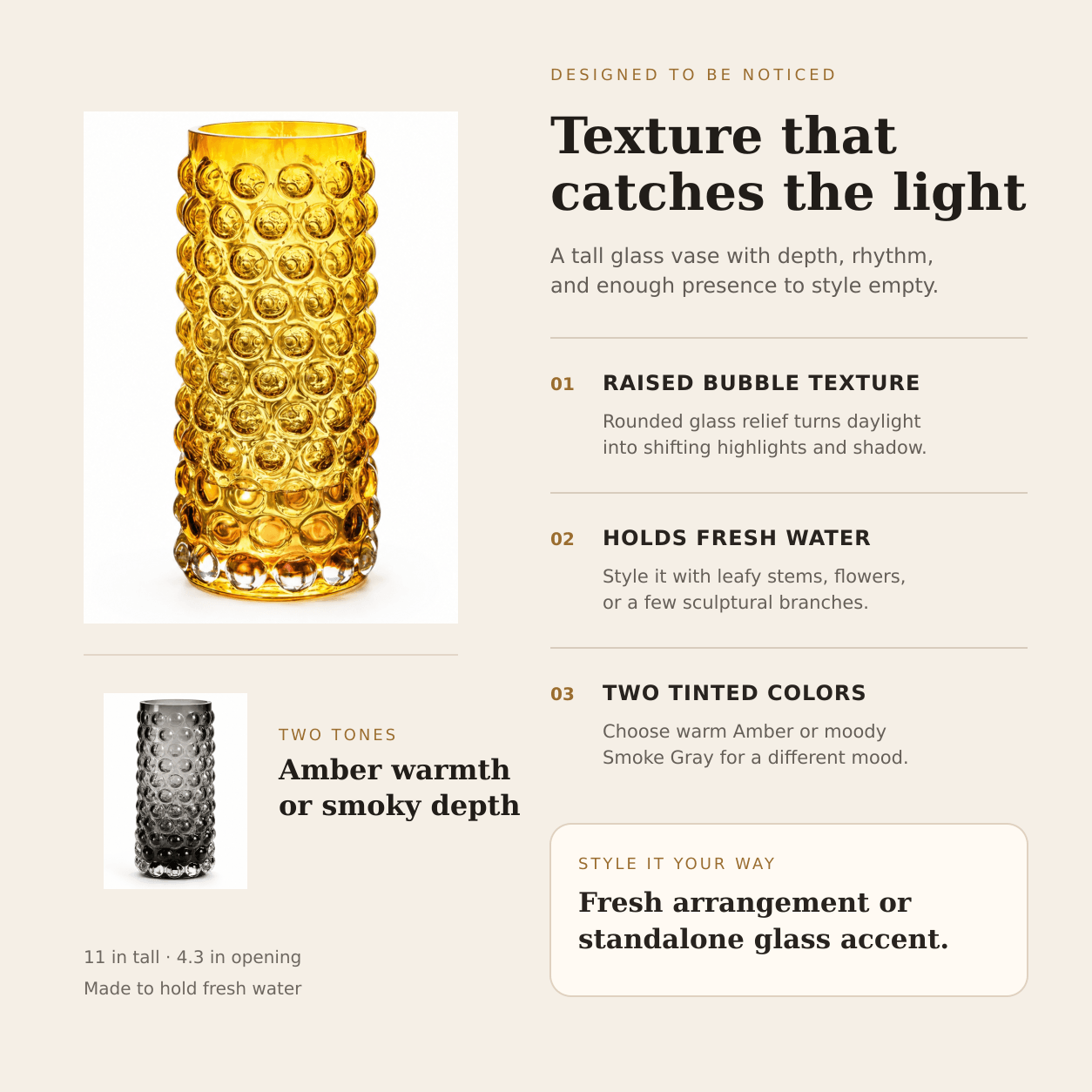 Amber and smoke gray tall bubble glass vases with raised texture, fresh water use, and color features