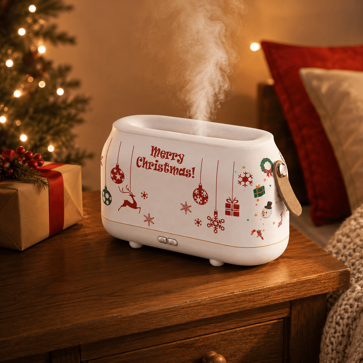 Christmas white flame aroma diffuser with soft mist in a cozy holiday bedroom scene.