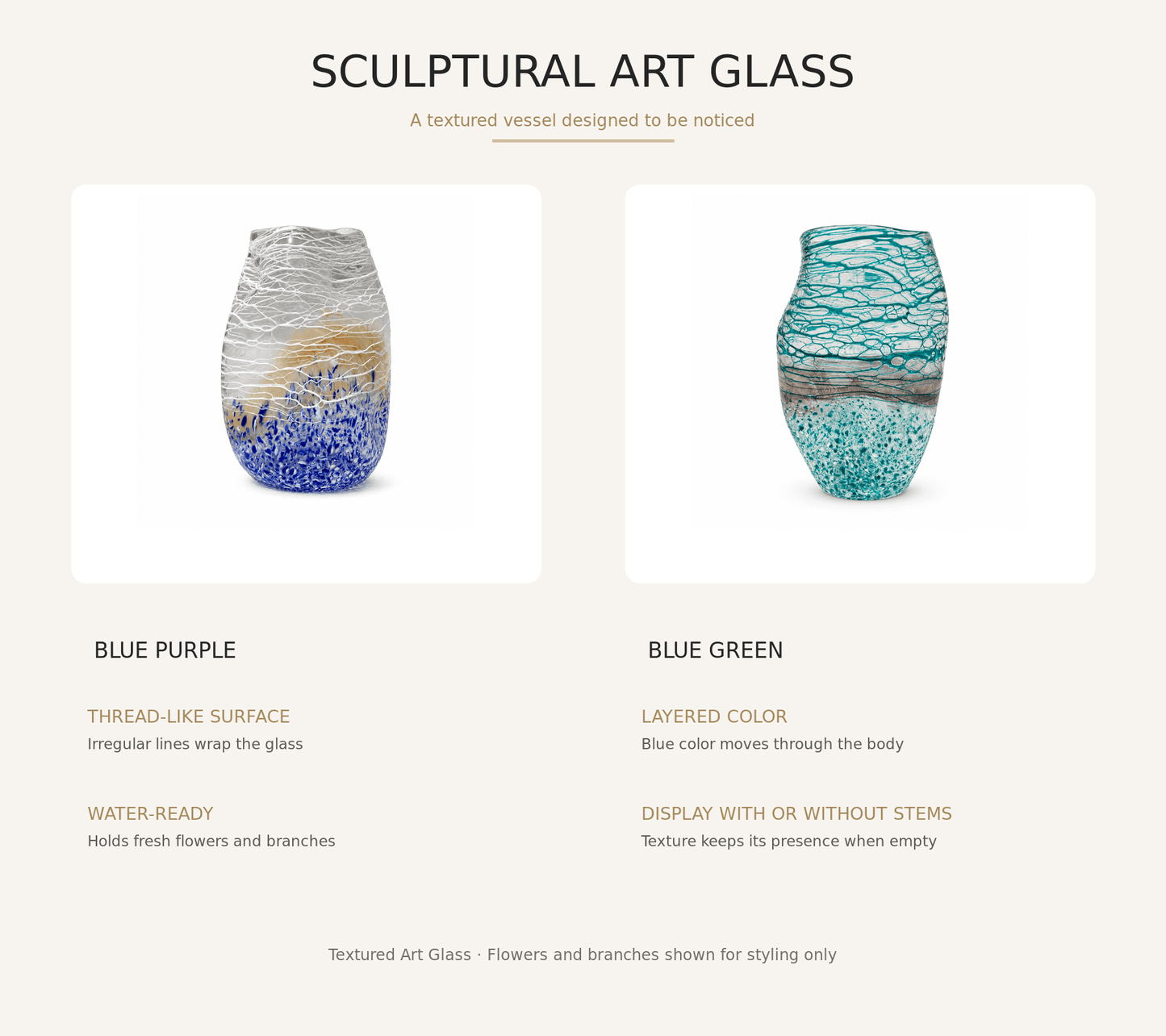 Blue purple and blue green art glass vase features overview