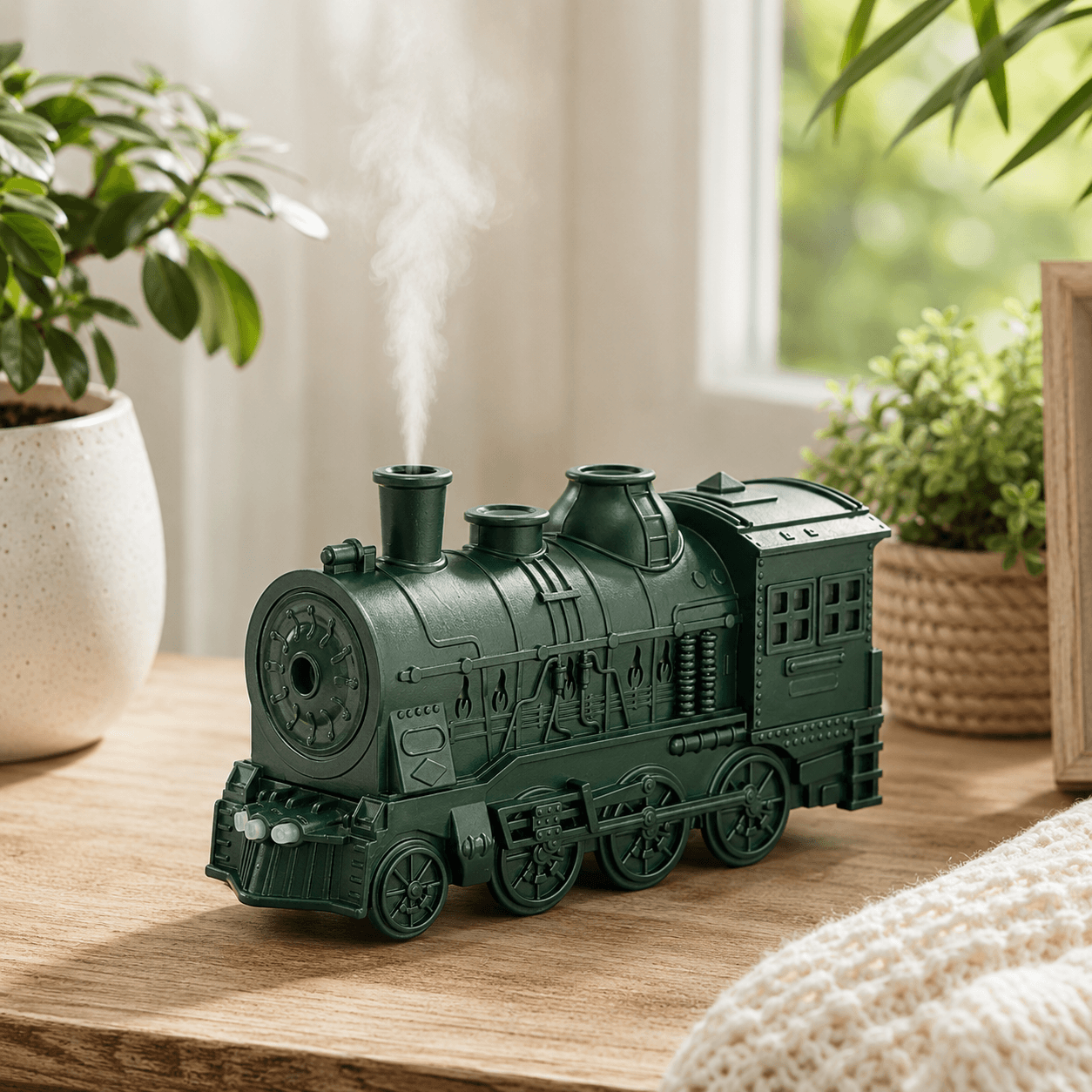Forest green train aroma diffuser on a sunlit tabletop
