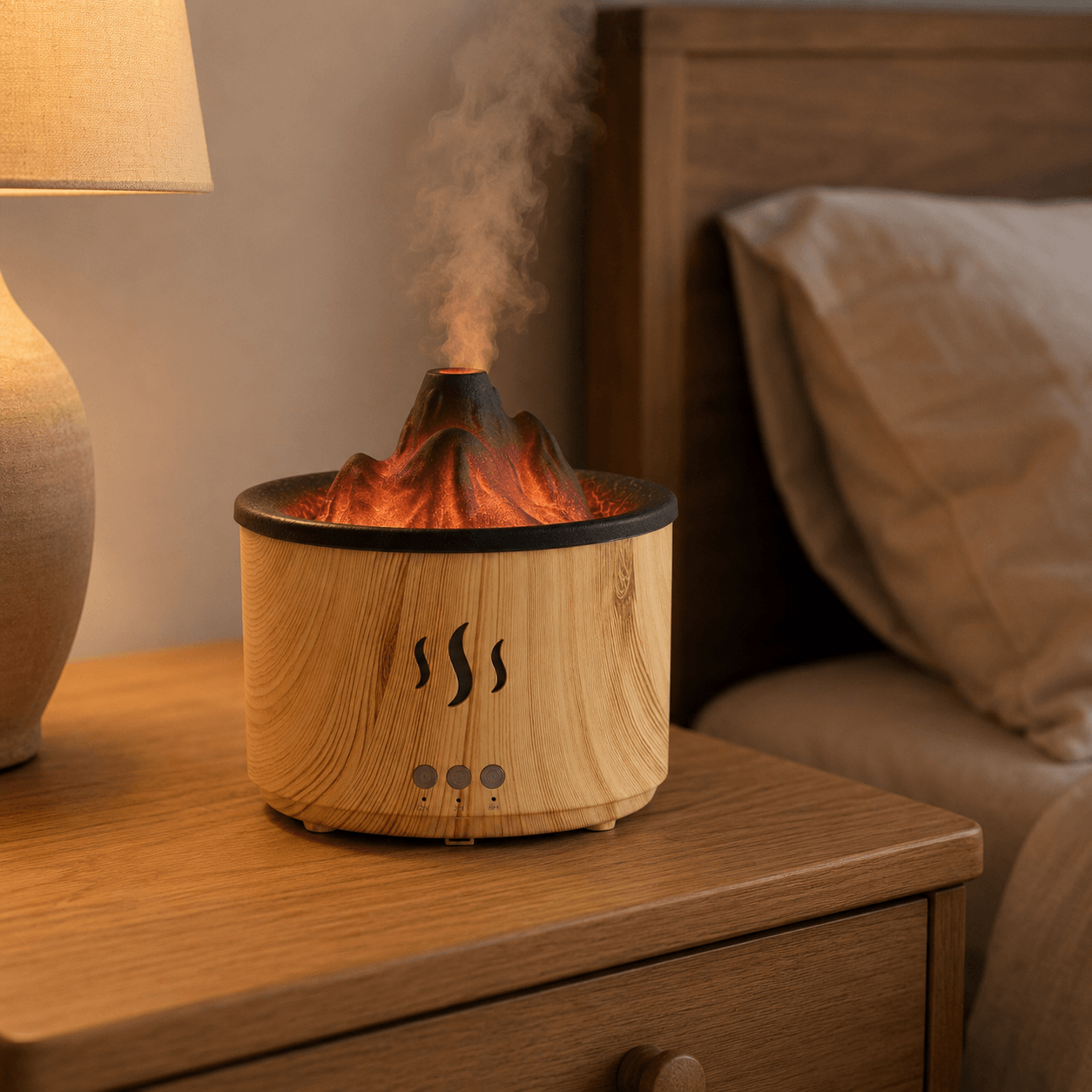 Light wood volcano aroma diffuser on a warm nightstand with soft mist and cozy bedroom decor.