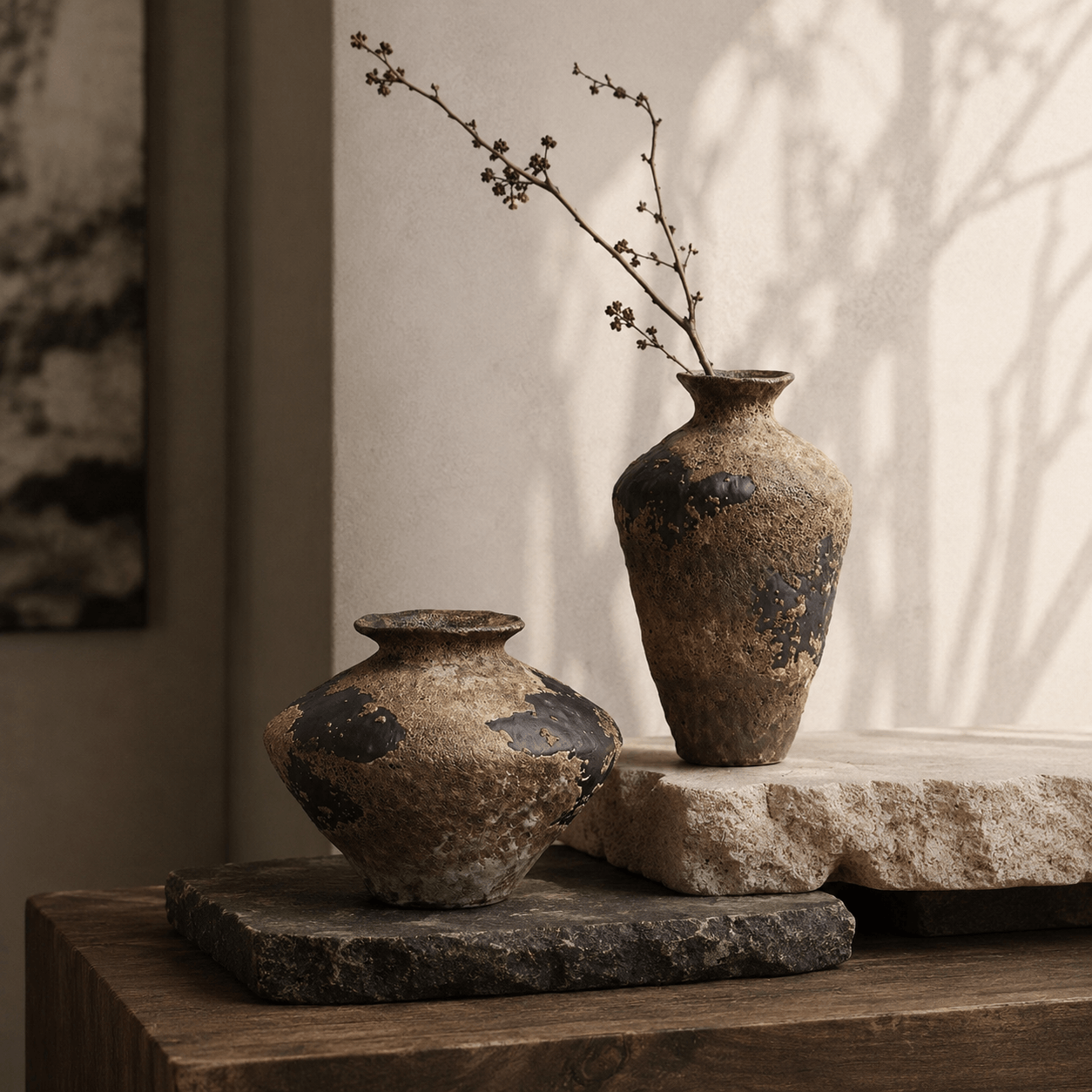 Wabi-sabi ceramic vases displayed on stone plinths with delicate branches