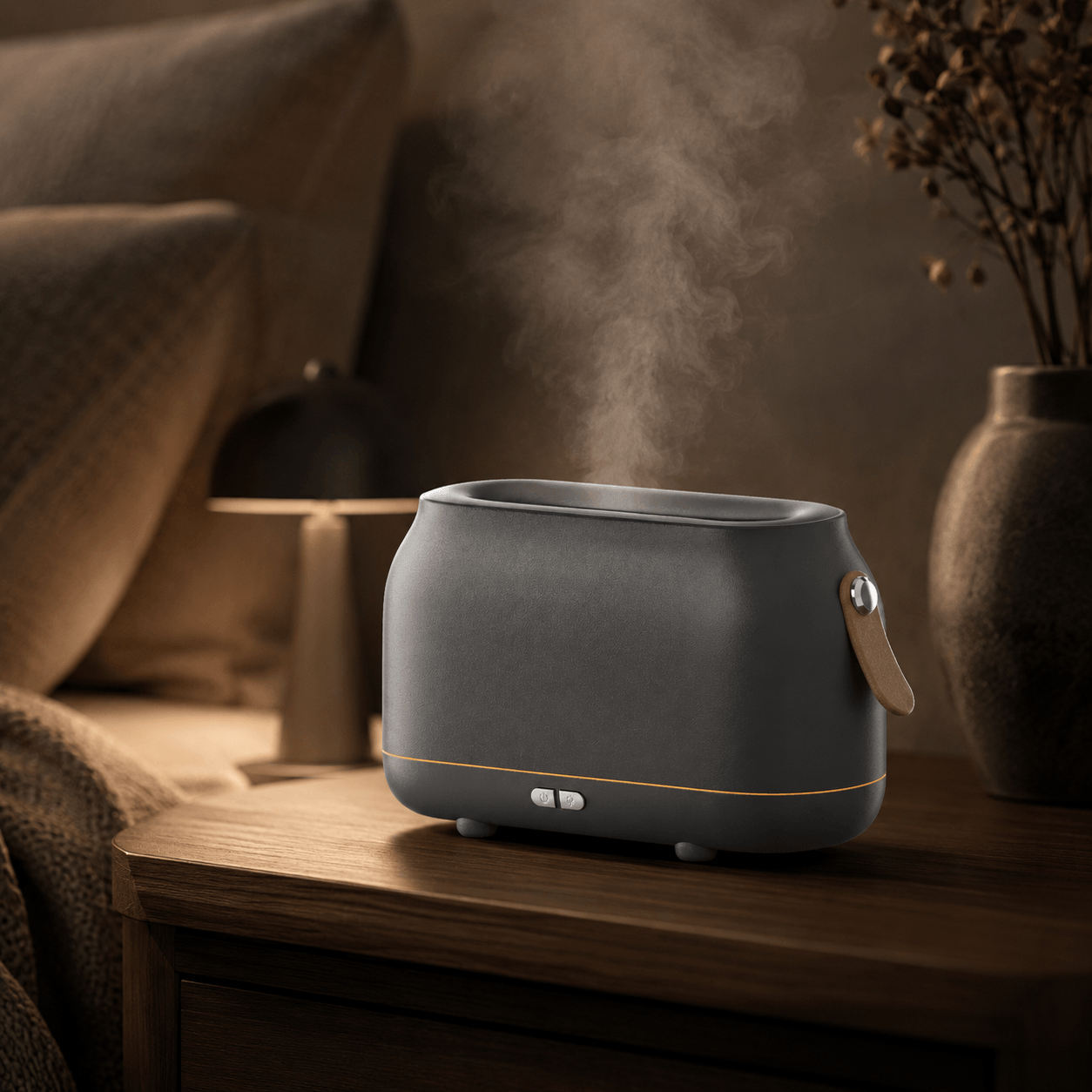 Grey flame aroma diffuser with soft mist on a cozy wooden nightstand.