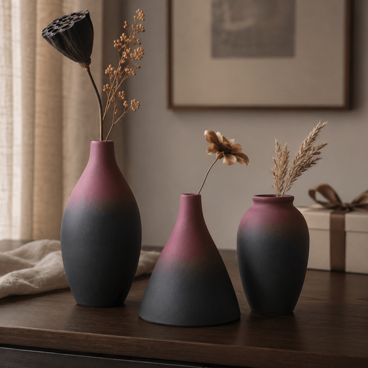 Mauve and charcoal ceramic vase trio styled on a dark wood table with dried stems