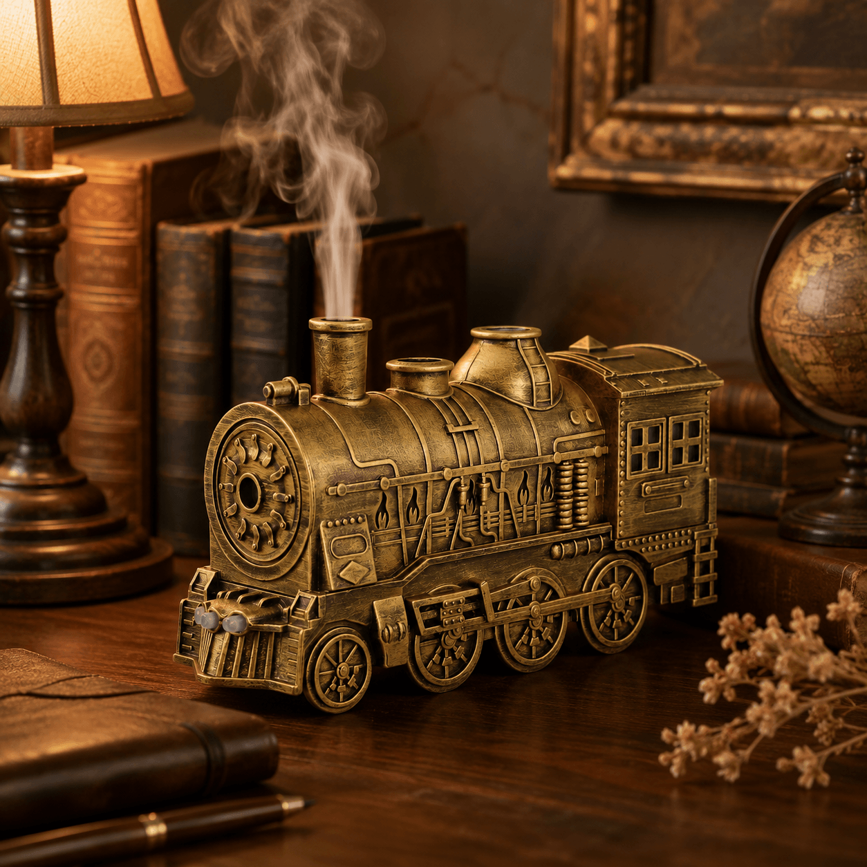 Antique gold train aroma diffuser in a warm vintage styled room