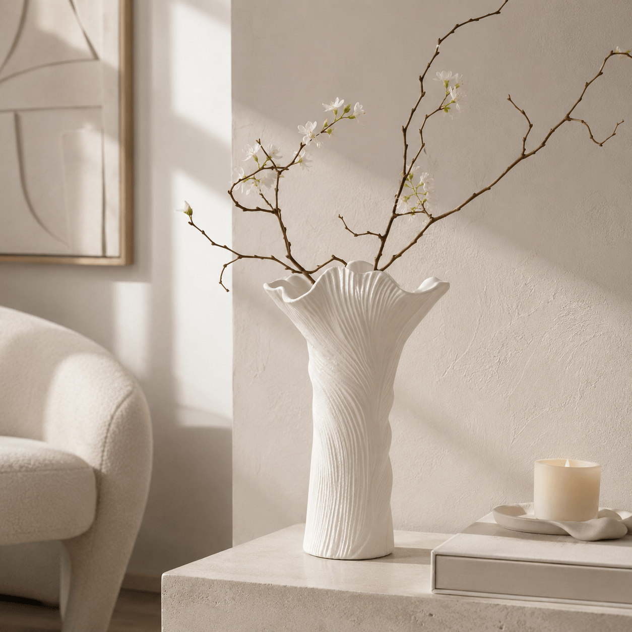 White Flow Vase styled with sculptural branches in a serene modern home setting