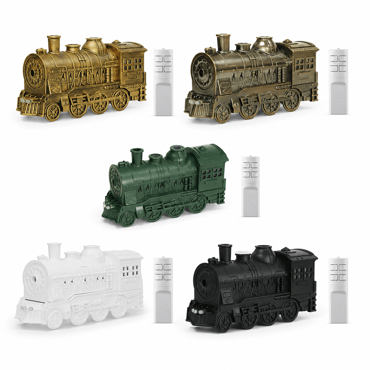 Train aroma diffuser available in gold bronze green white and black