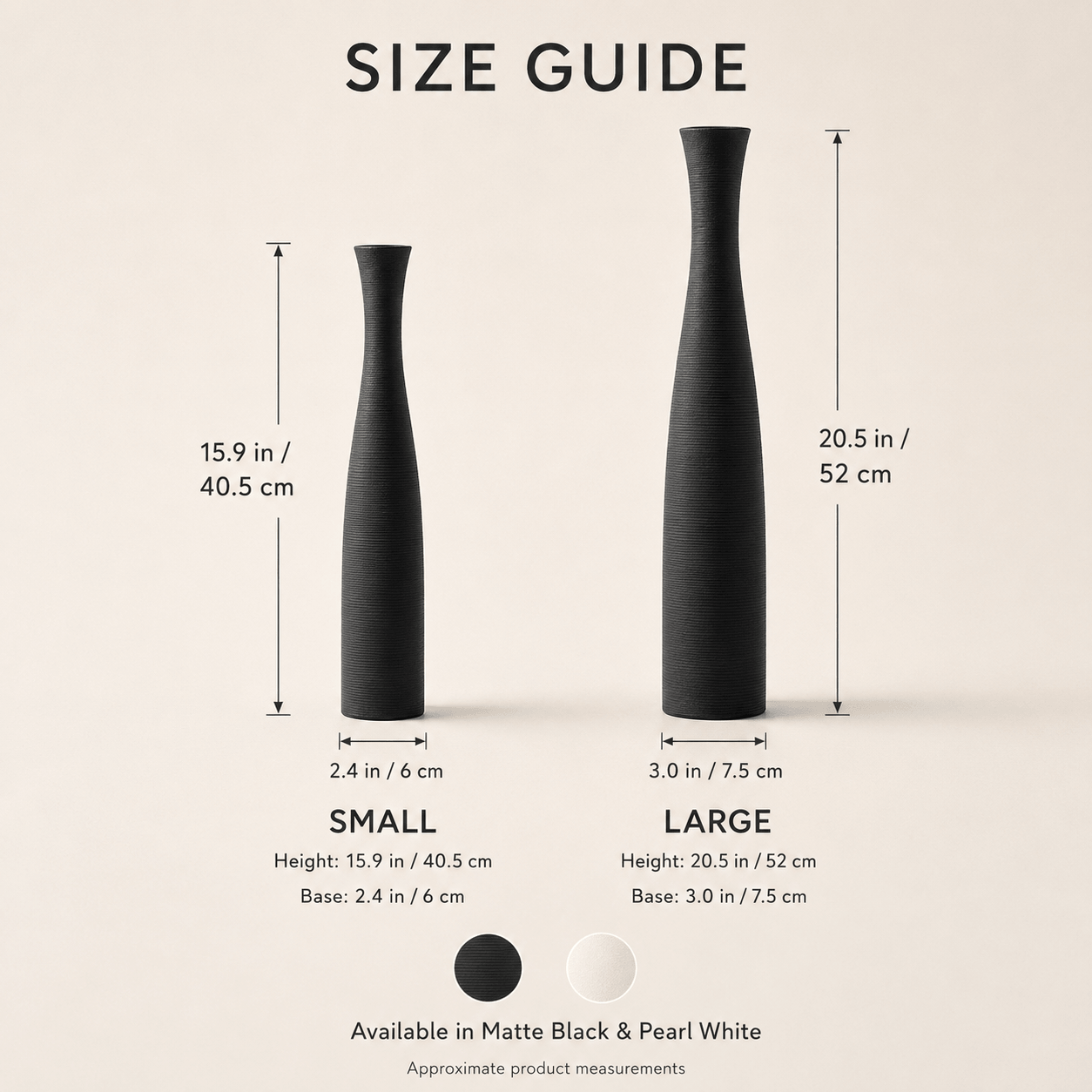 Tall ceramic vase size guide showing 40.5 cm small and 52 cm large sizes in matte black and pearl white