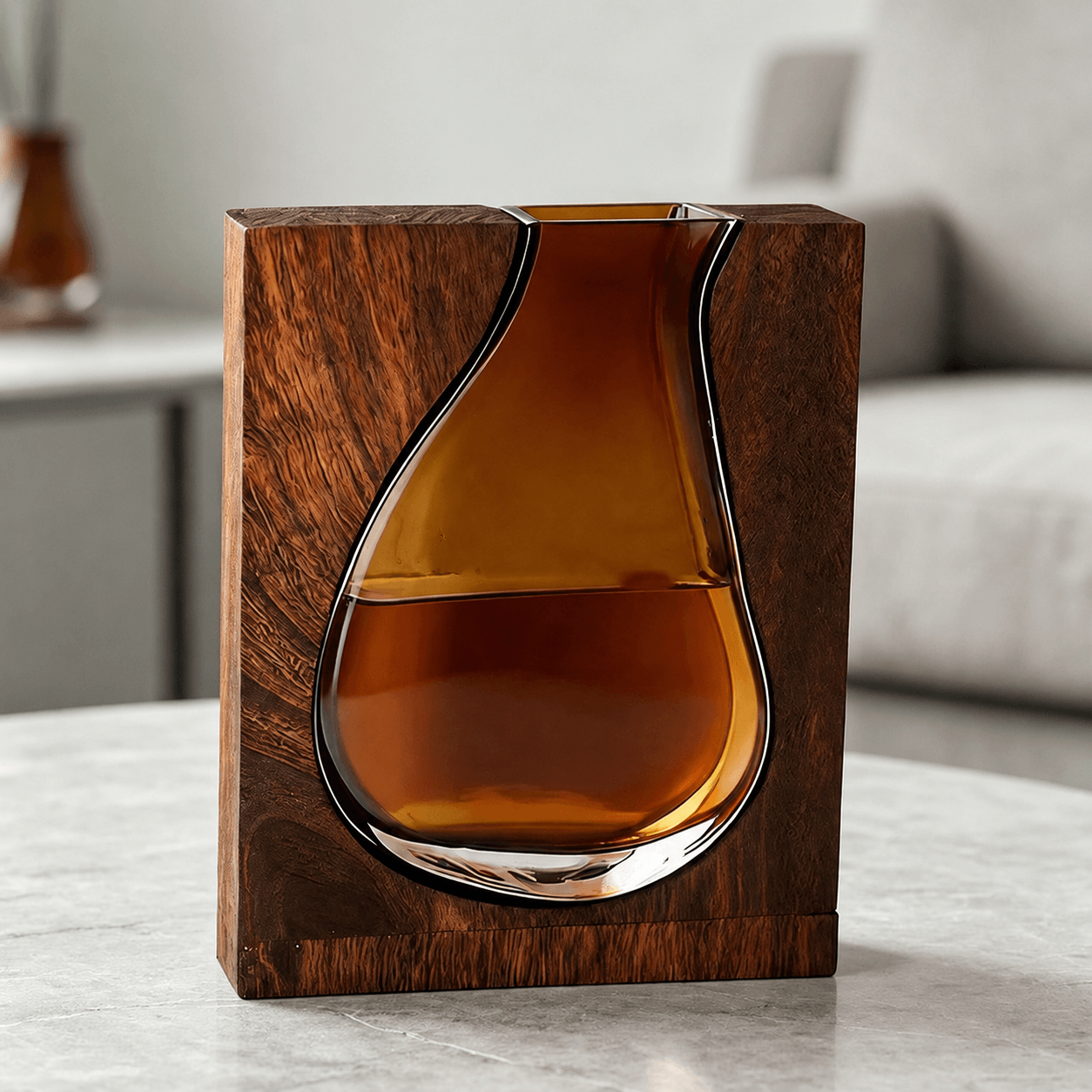 Large amber drop frame vase with wooden frame and warm amber glass vessel.