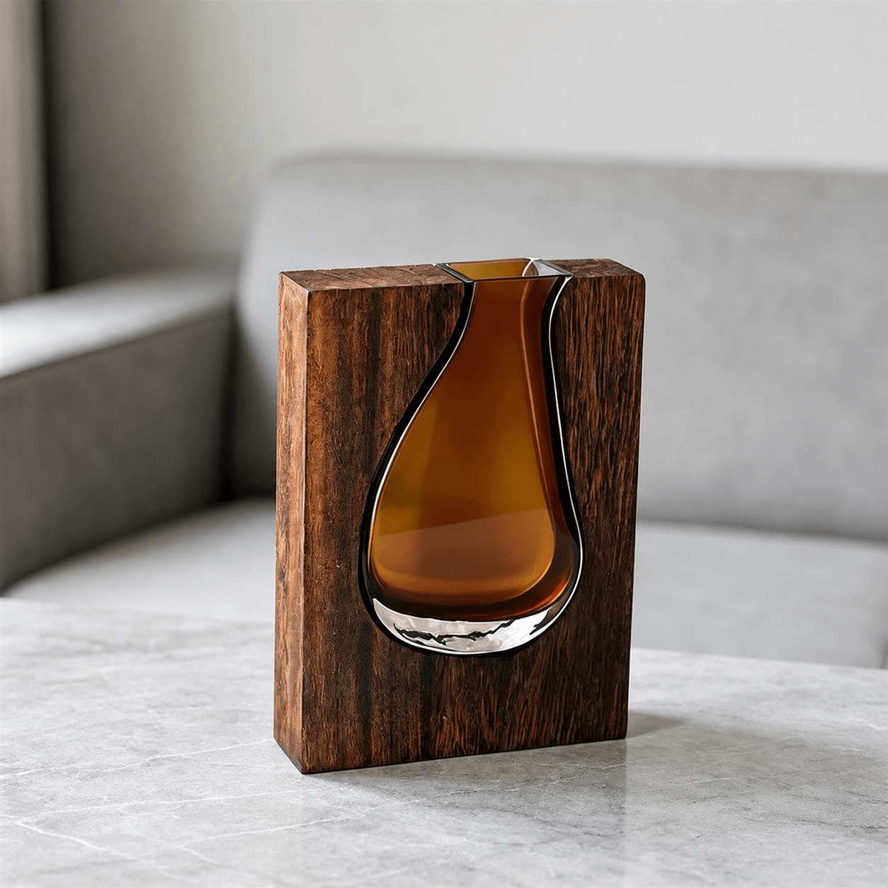 mall amber drop frame vase with wooden frame and sculptural glass insert.