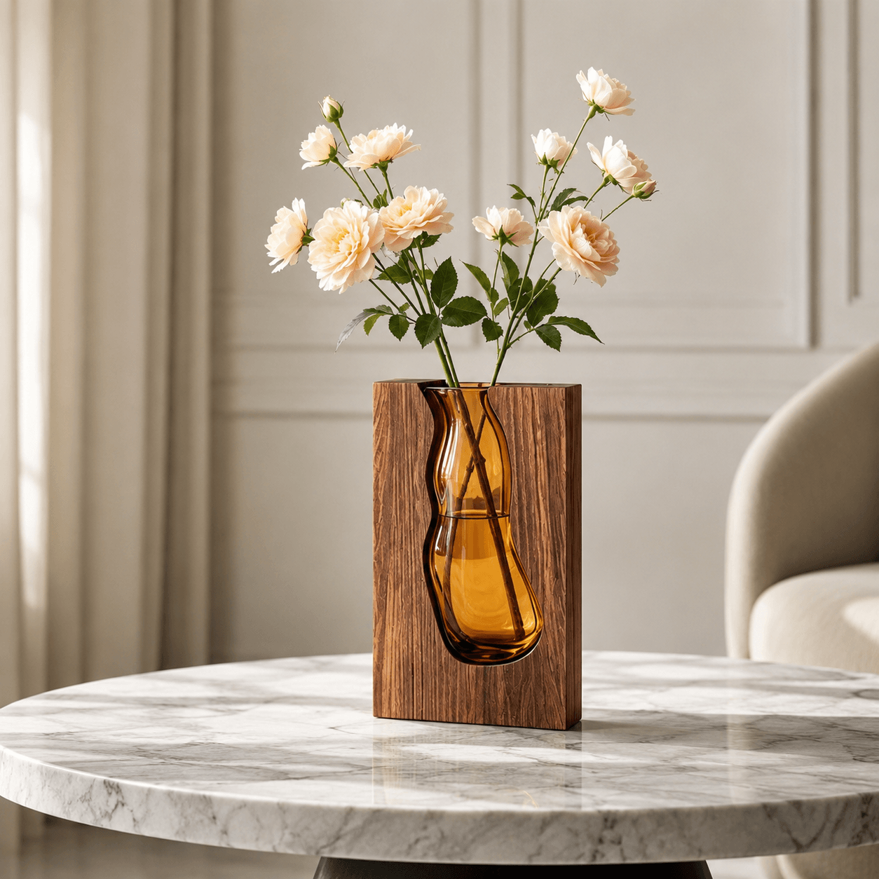 Amber glass wooden frame vase styled with soft flowers on a marble table in a modern interior.