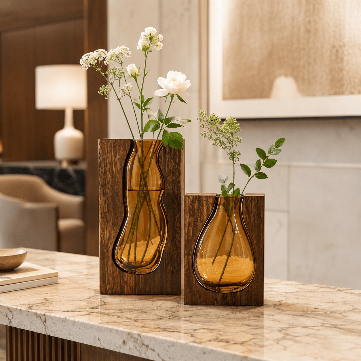 Amber glass wooden frame vase set styled for boutique hotel, hospitality, and luxury interior spaces.