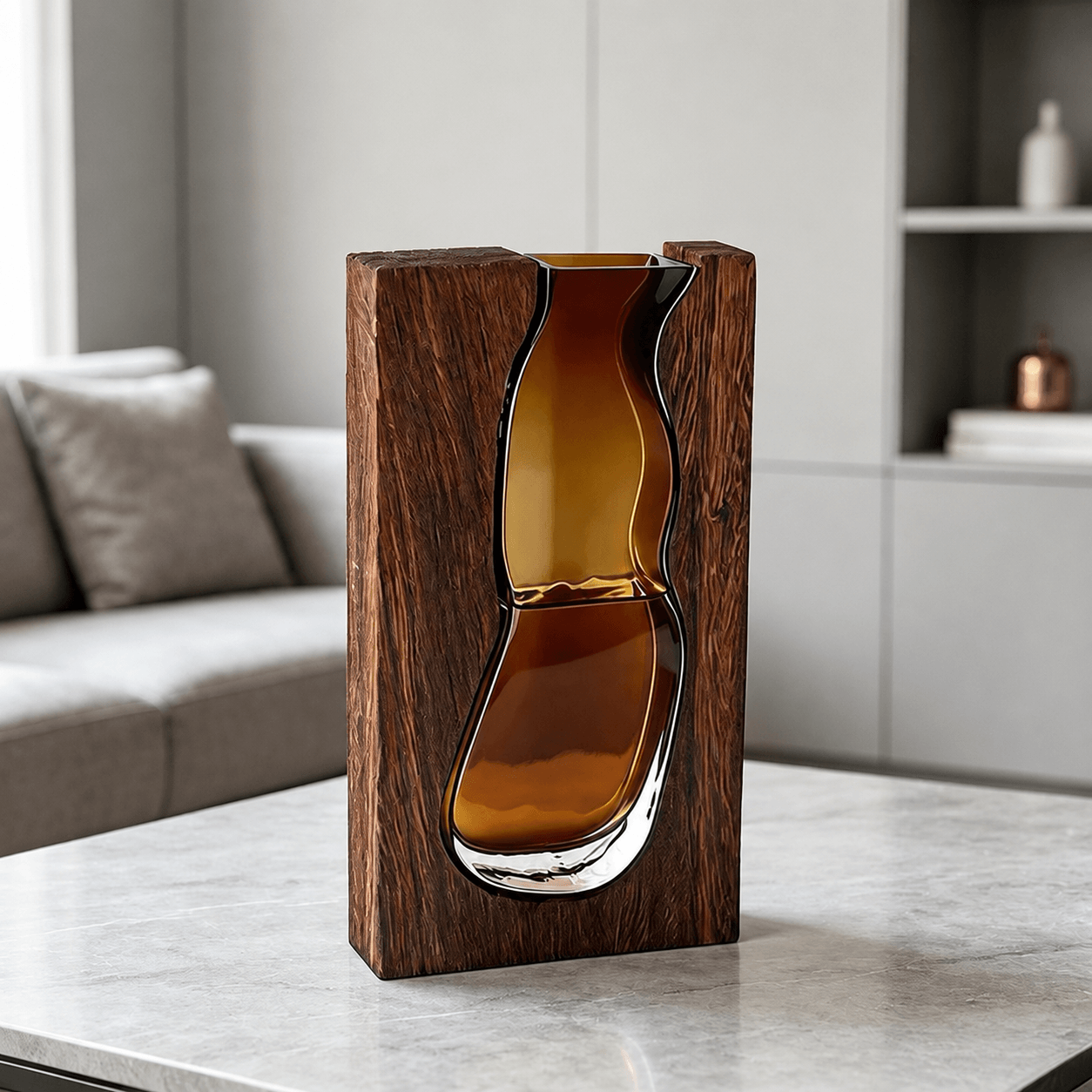 Large amber wave frame vase with wooden frame and sculptural amber glass insert.
