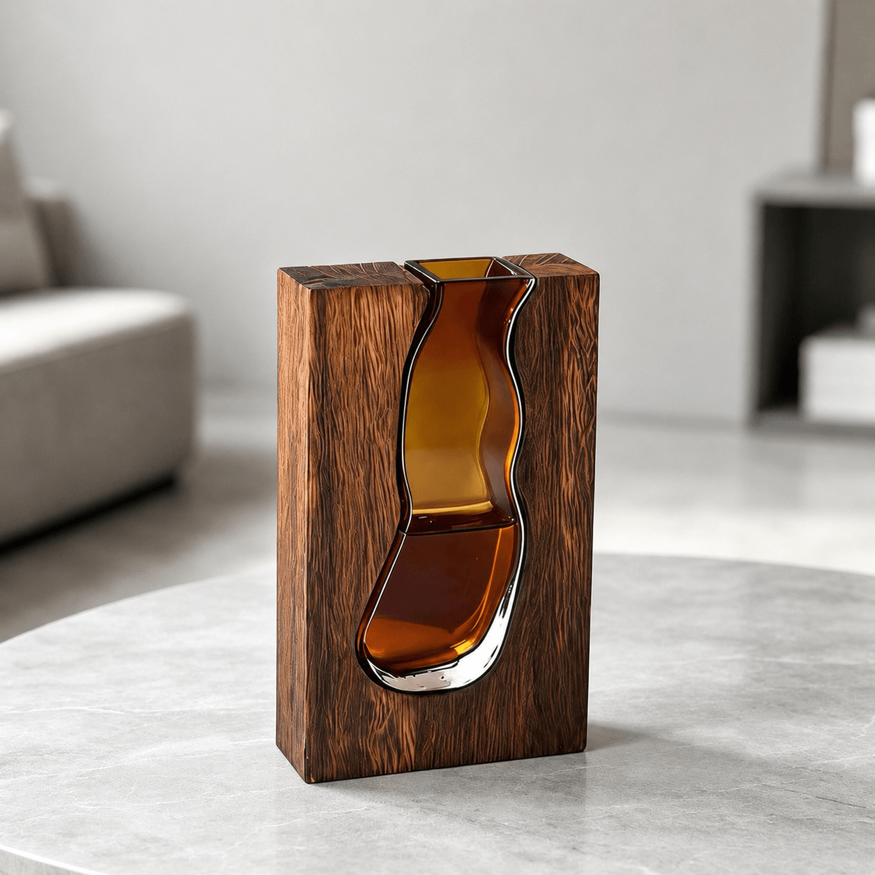 Small amber wave frame vase with modern wooden frame and decorative glass insert.