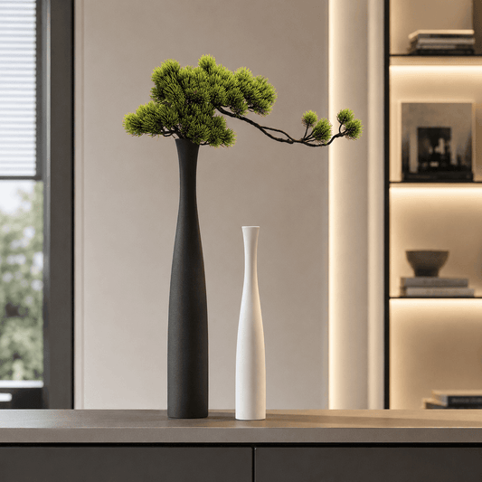 Black and white ceramic vases styled in a modern shelf display with faux pine branch.