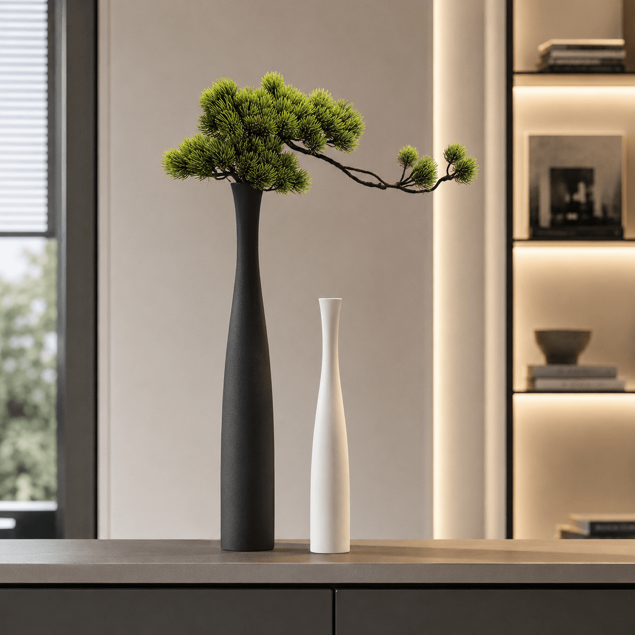 Black and white ceramic vases styled in a modern shelf display with faux pine branch.