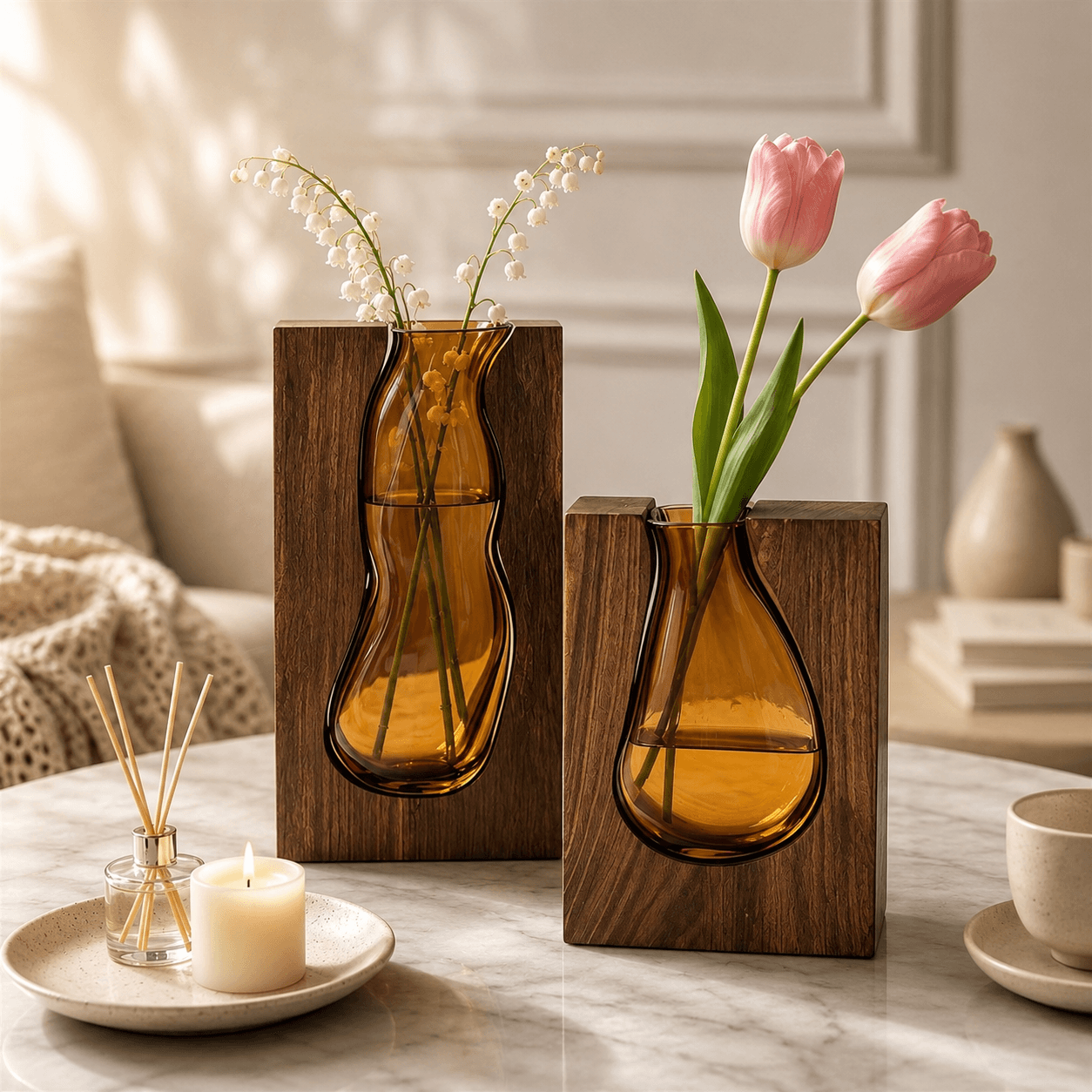 Decorative amber glass wooden vases with pink tulips, diffuser, and candle for refined decor styling.