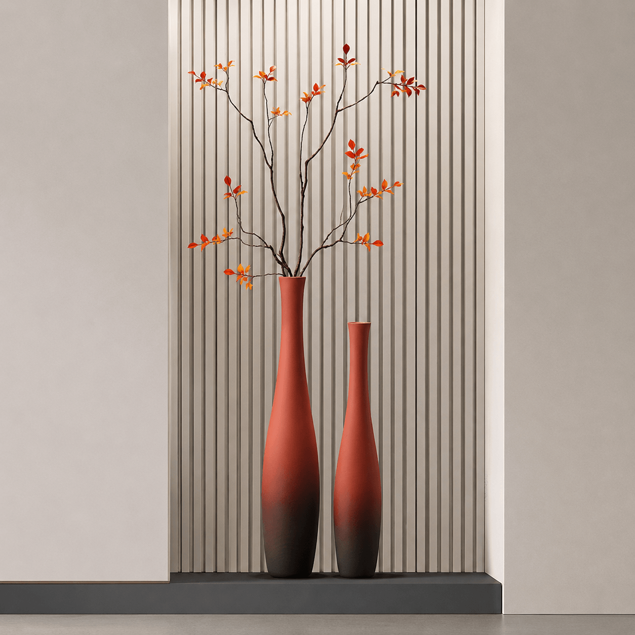 Tall modern floor vase set with orange branches for living room, hallway, and hotel decor.