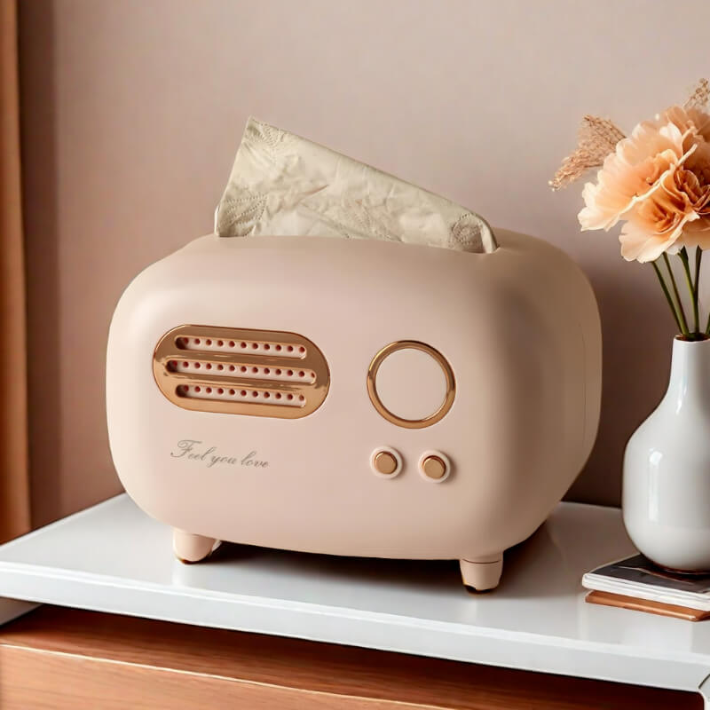 Pink and Red Retro Radio Tissue Boxes with Flowers Display Photo 2