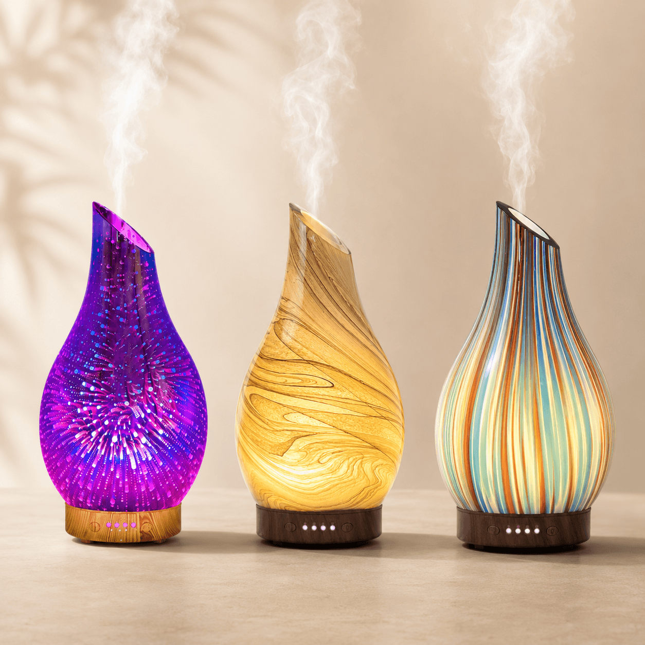 Firework Night Light 3D Aroma Diffuser color options in Warm Gold, Aurora Stripe, and Emerald Green