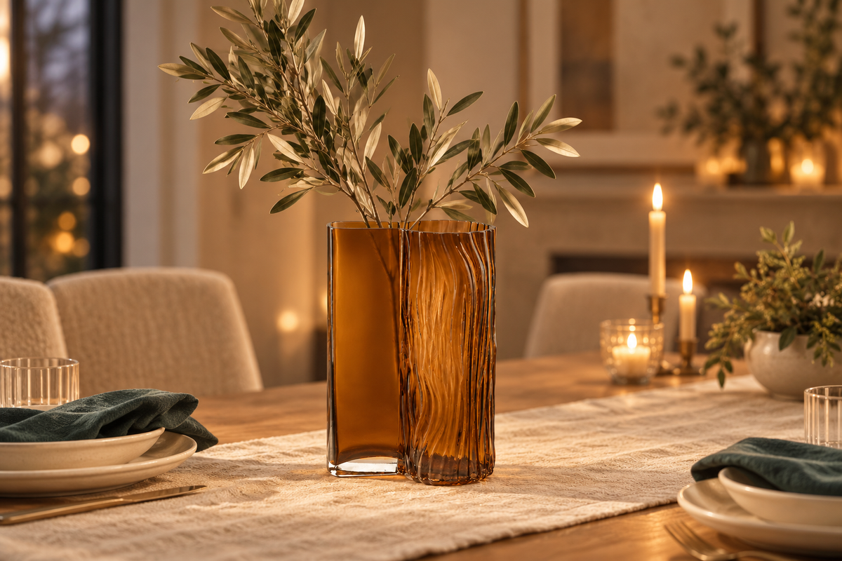 Amber textured glass vase with olive branches on a warmly lit dining table.