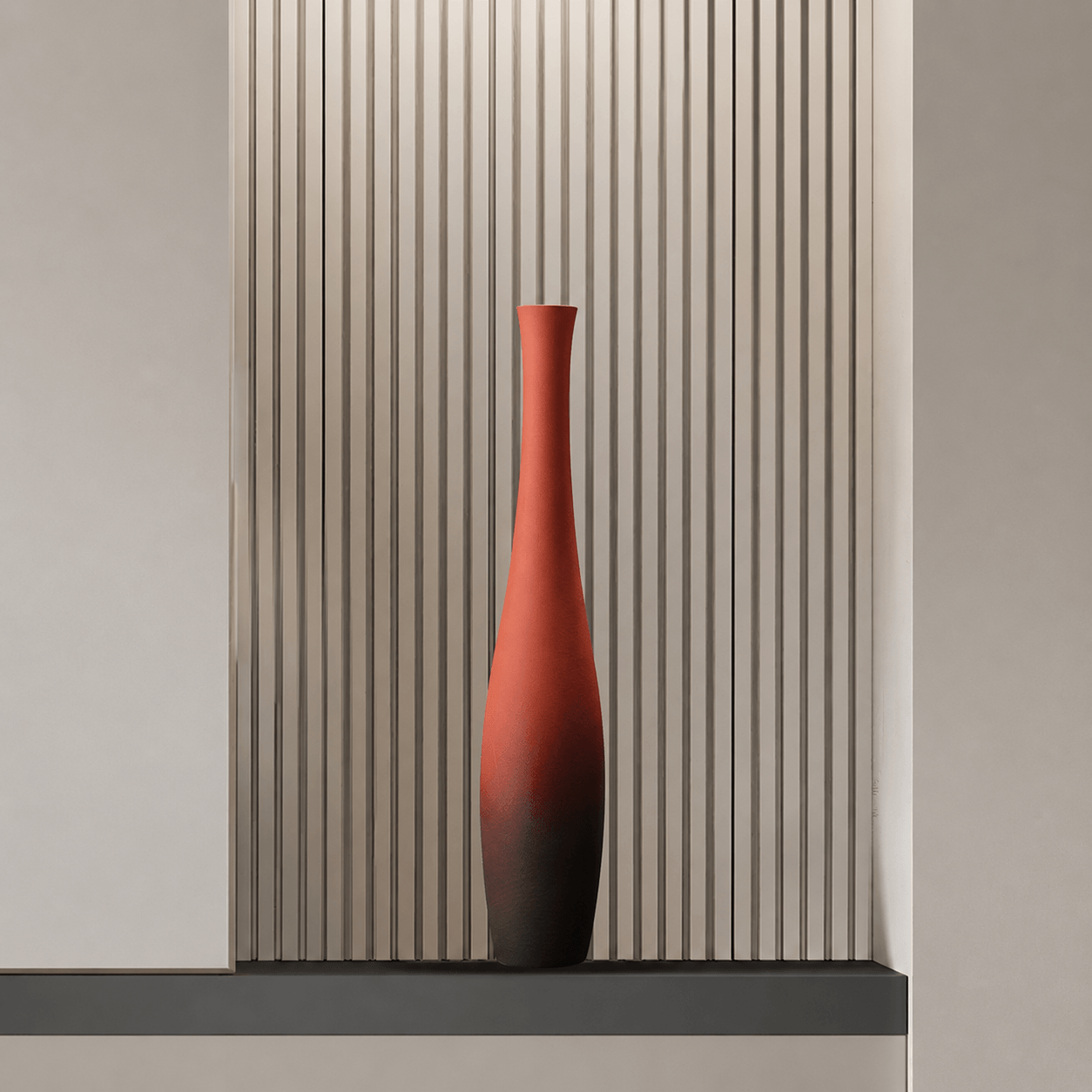 Large matte terracotta floor vase with a tall slim silhouette for modern entryway and interior decor.