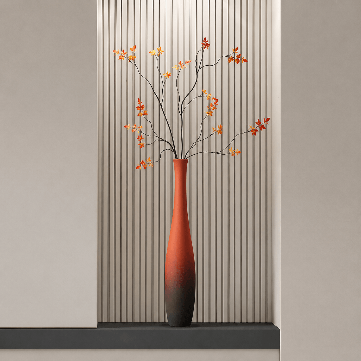Large terracotta floor vase with orange autumn branches for tall decorative floor vase styling.