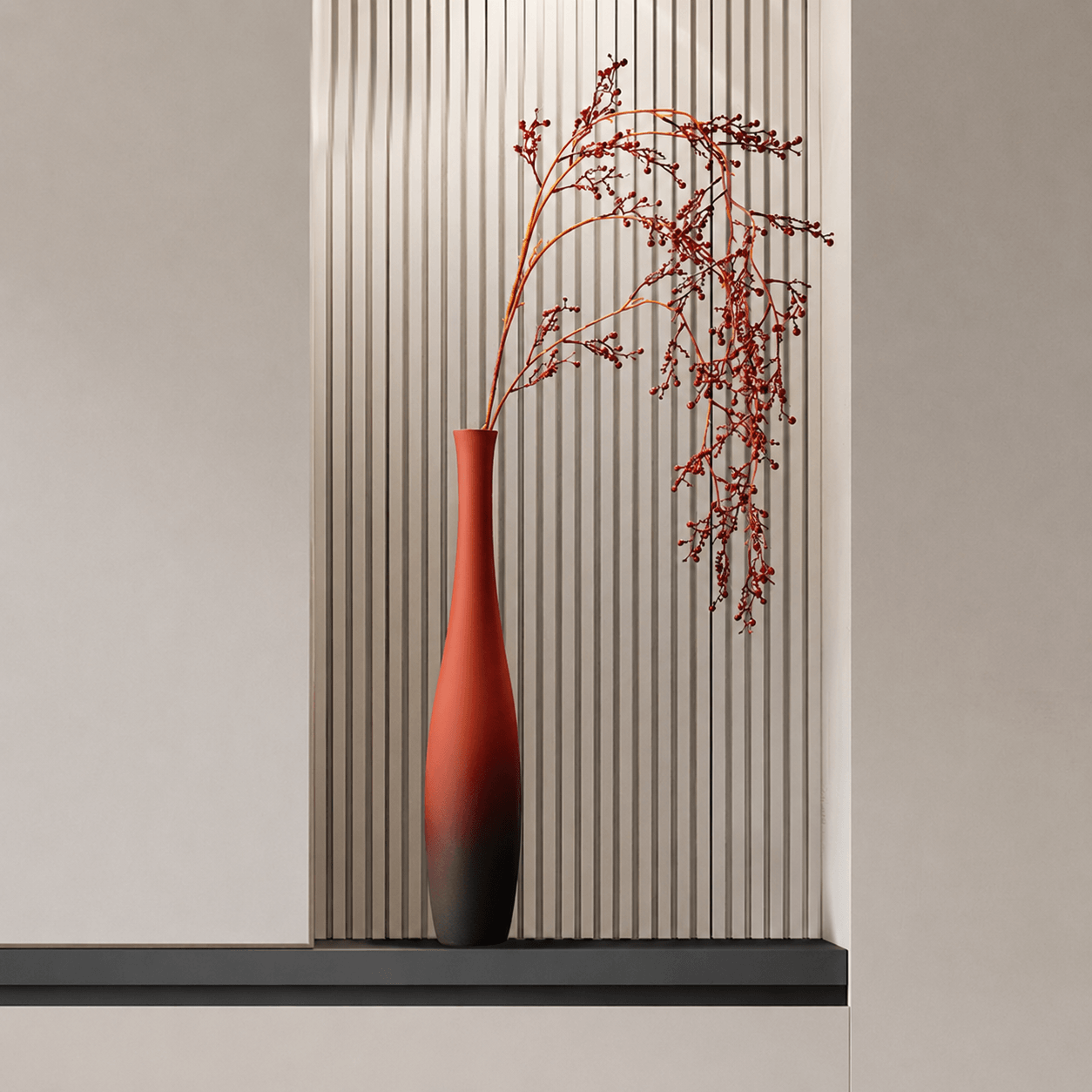 Matte gradient floor vase with cascading red branches for sculptural modern interior decor.