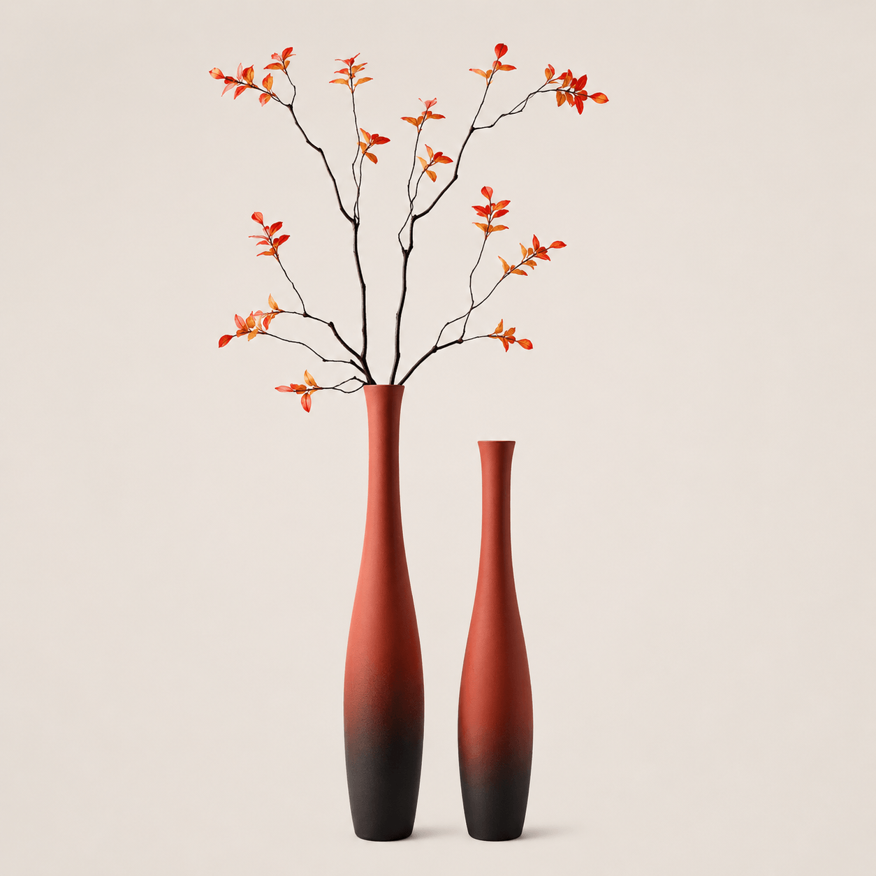 Modern terracotta vase set with autumn branches, ideal for entryway, studio, and interior styling.