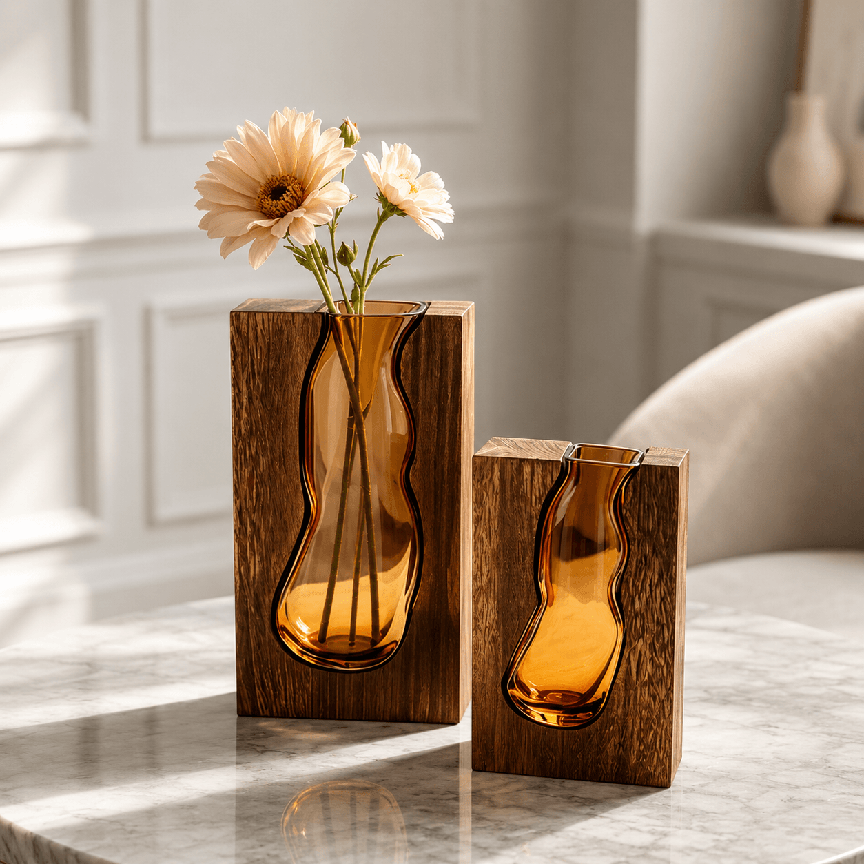Modern wooden wave vase set with amber glass and soft flowers for elegant interior styling.